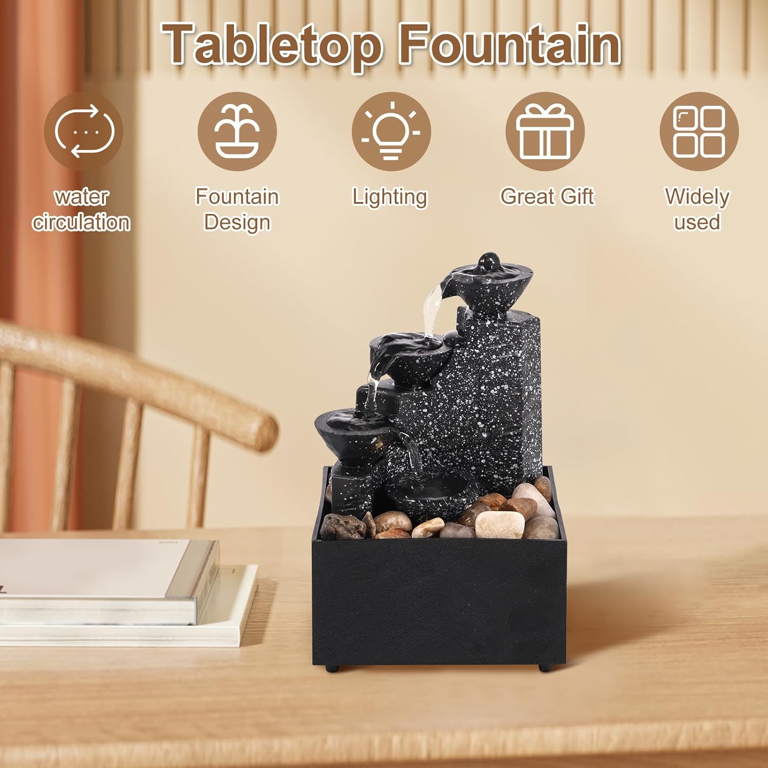 Tabletop Waterfall Decor with Soft Lights and Flowing Water