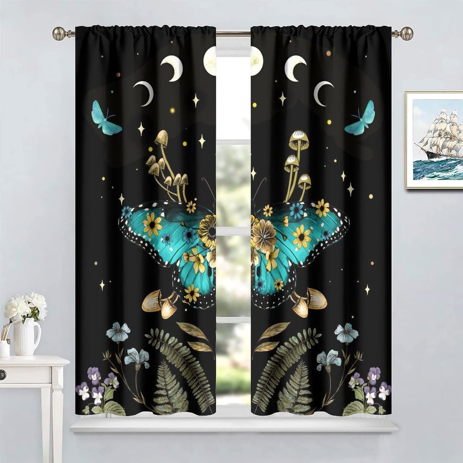 Butterfly Moth Window Curtains - Retro Mushroom Boho Decor