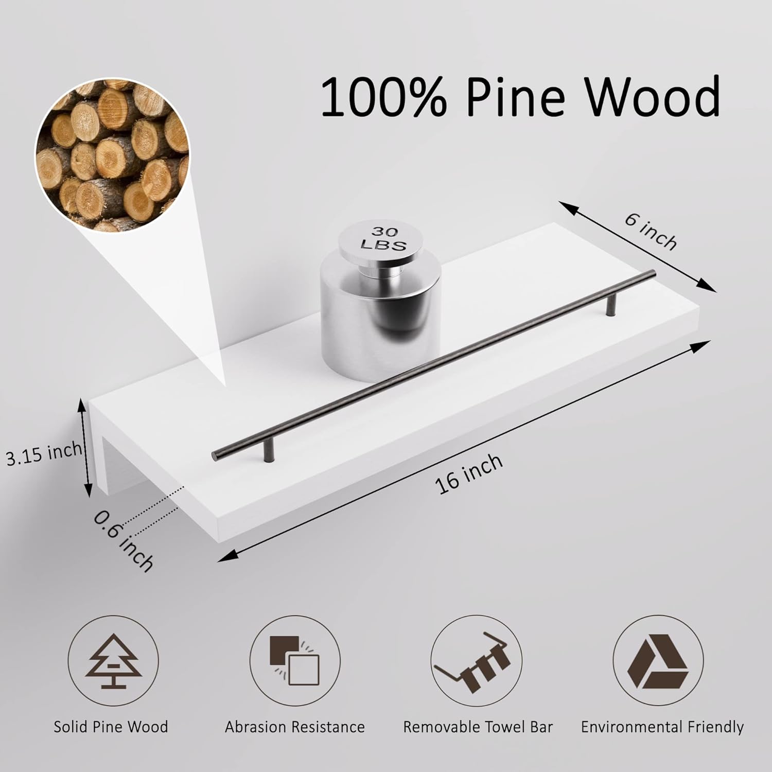 Ecowillon Pine Floating Shelves with Hooks Set of 2