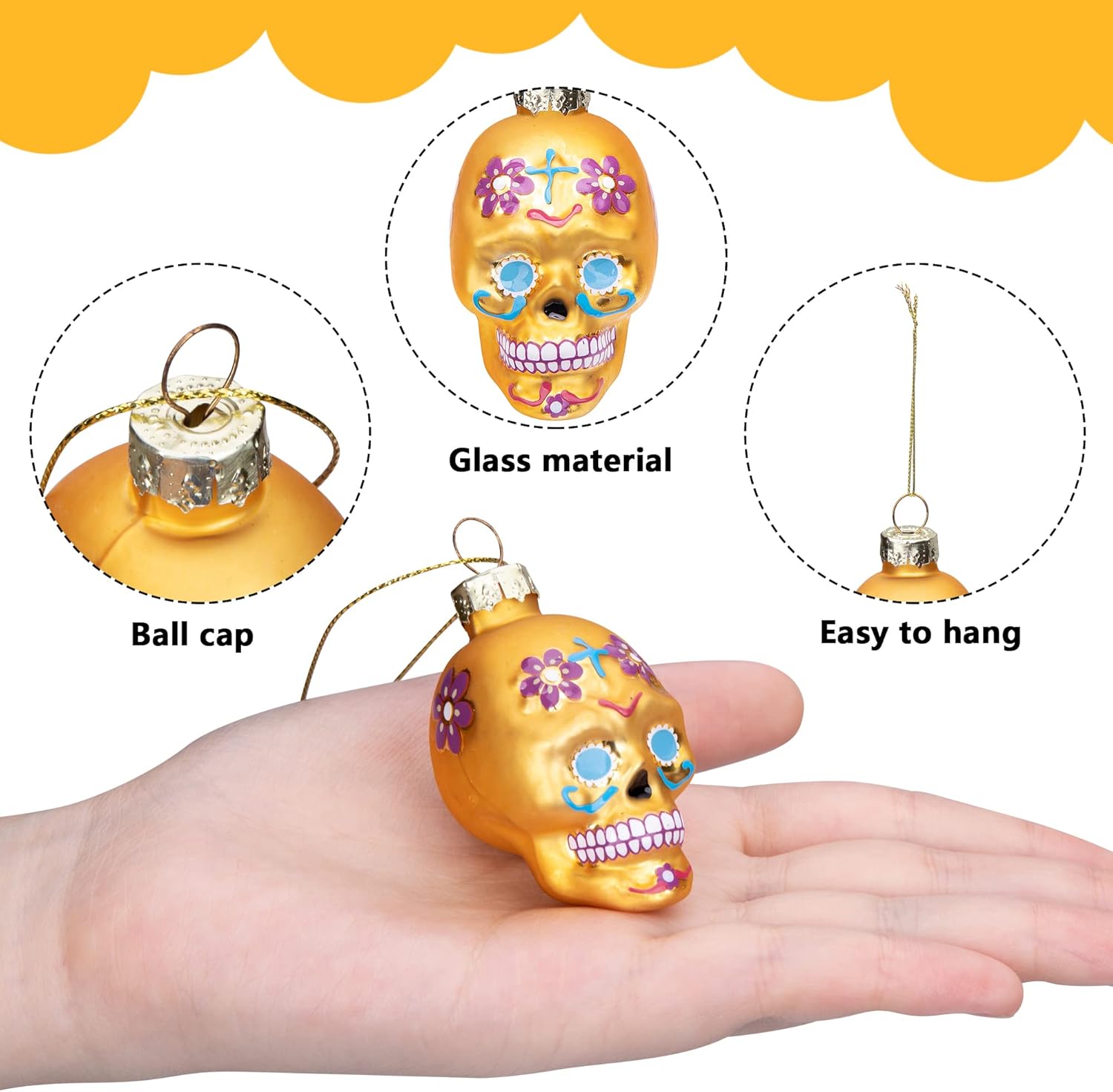 Watayo 12PCS Day of the Dead Glass Ornaments