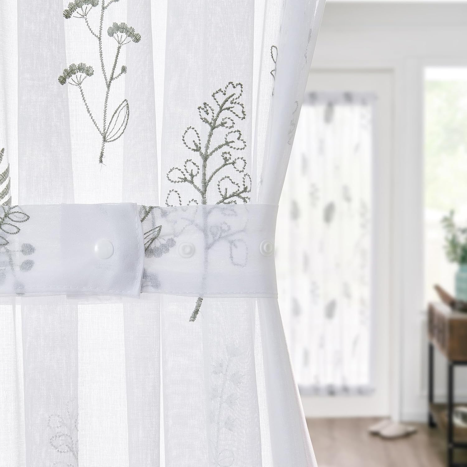 Jinchan French Sheer Door Curtain Panel 40 Inches Green on White