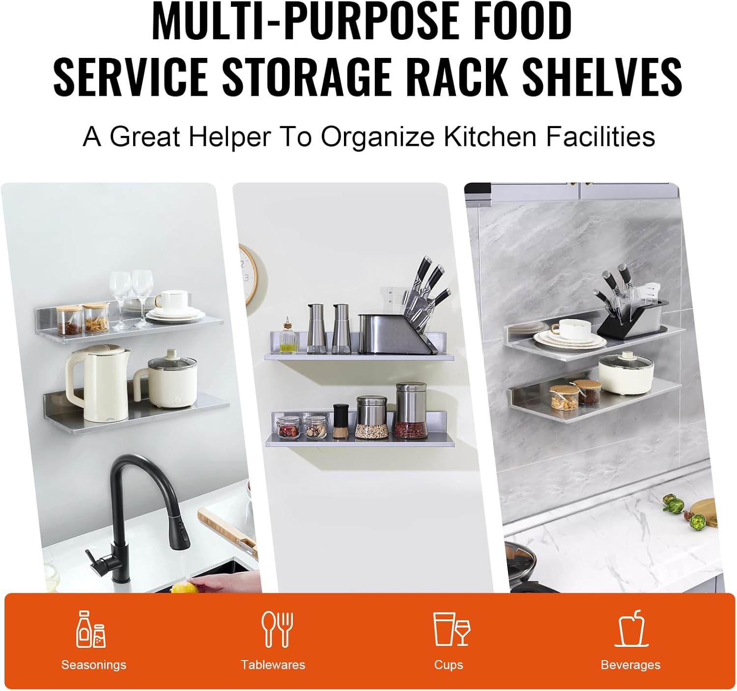Happybuy 86 x 24 Stainless Steel Floating Shelf with Backsplash