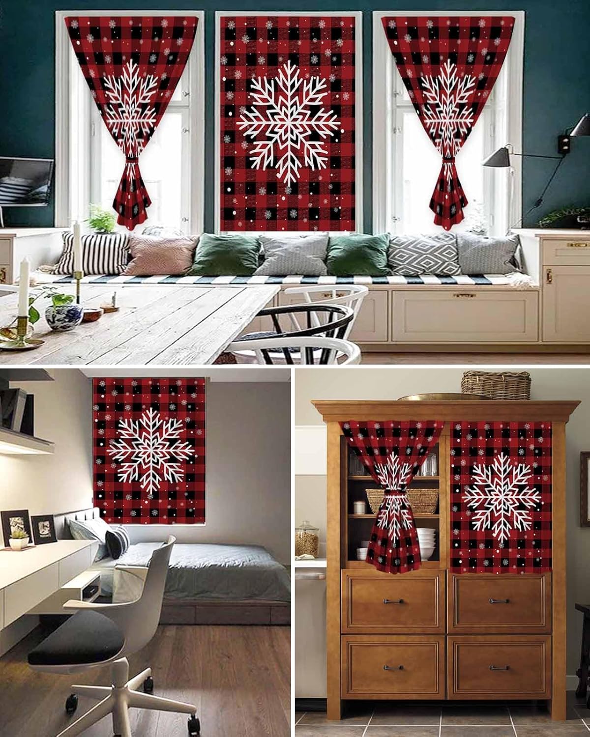 Christmas Red Black Checkered Self Adhesive Curtains for Windows