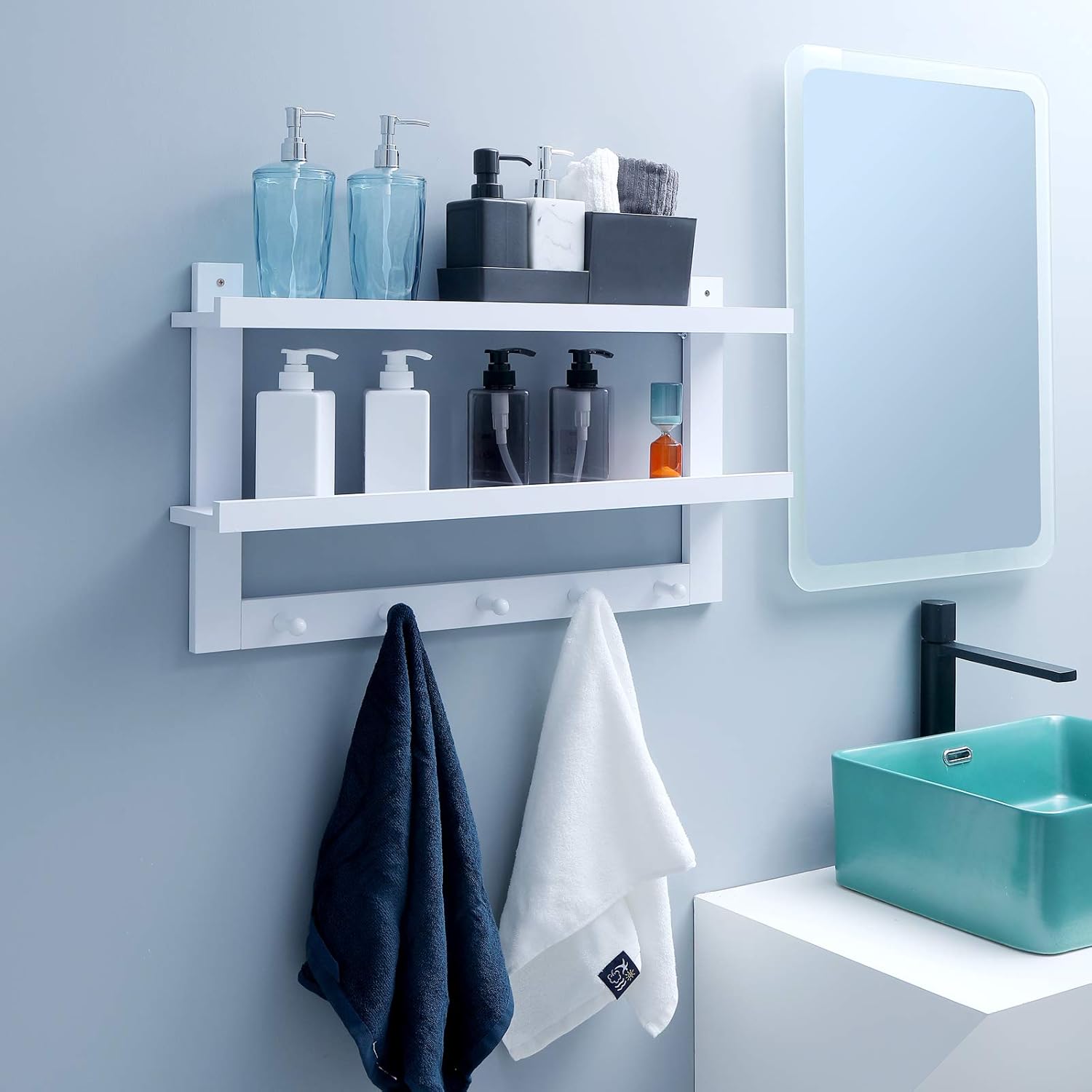 WELLAND 2 Tiers Floating Wall Shelf with 5 Hooks White