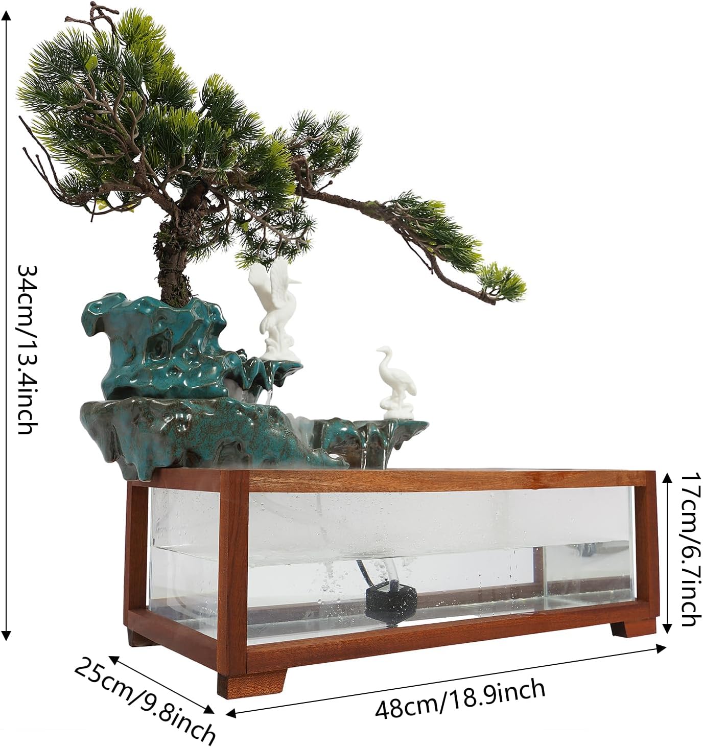 Antique Style Tabletop Water Fountain with Fish Tank and Crane Statues