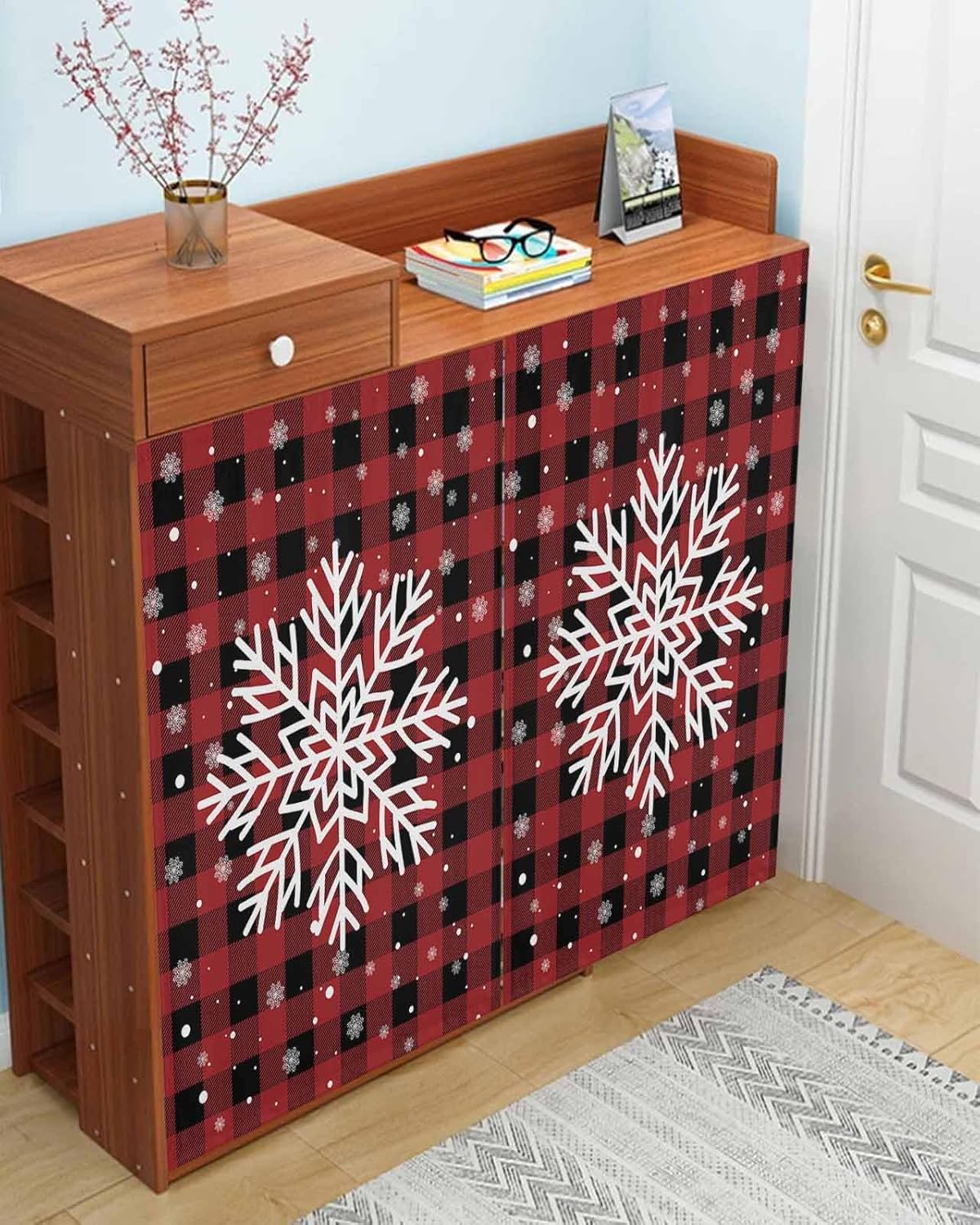 Christmas Red Black Checkered Self Adhesive Curtains for Windows