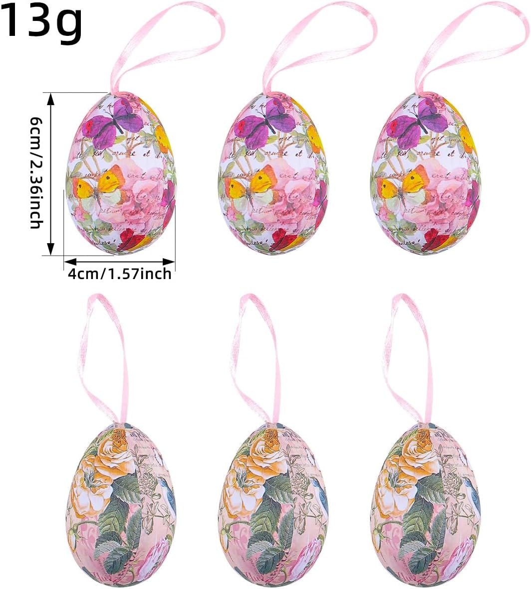 24PCS Easter Egg Ornaments with Floral Pattern and Hanging Ribbons