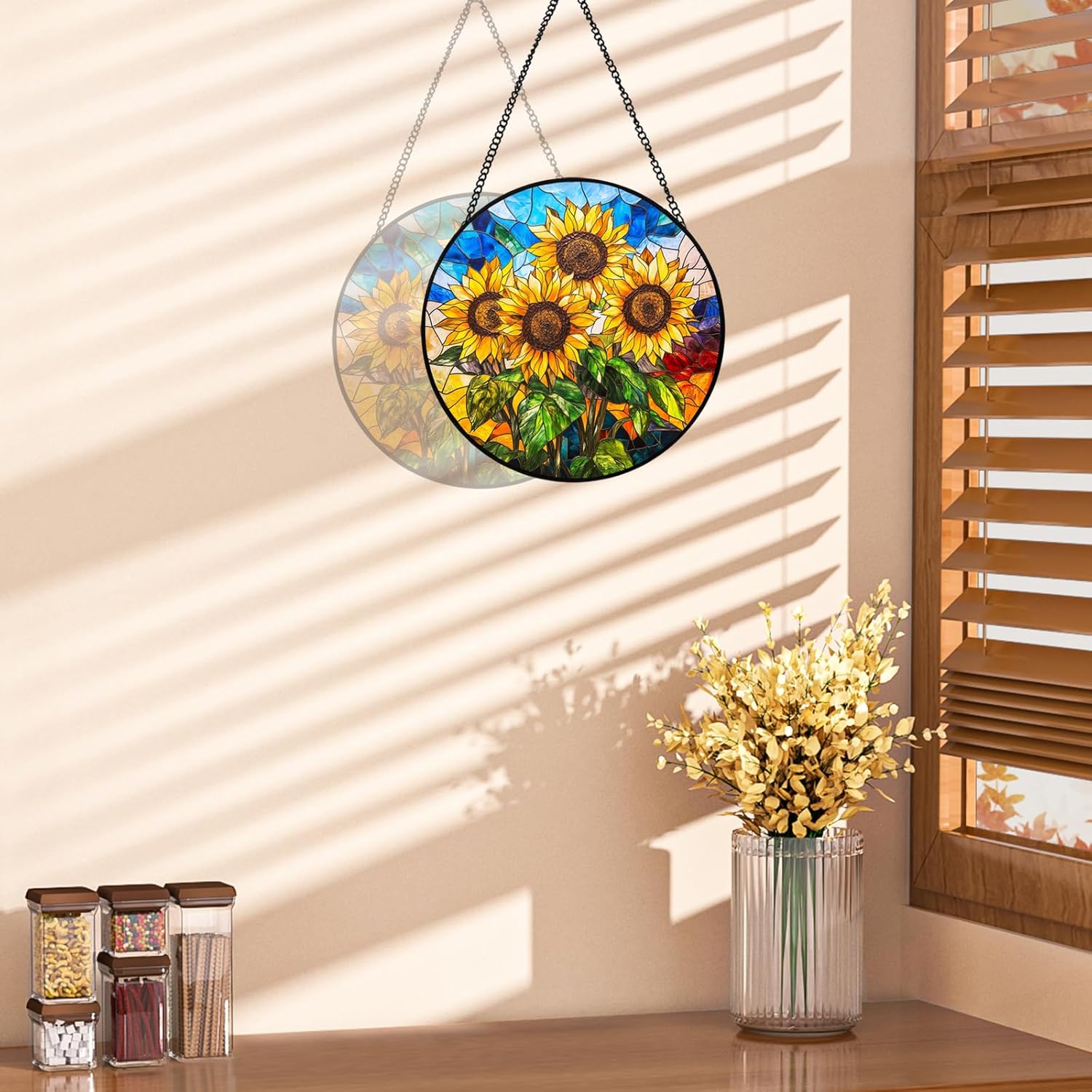 Sunflower Stained Glass Ornament 20cm Kitchen Decor for Home