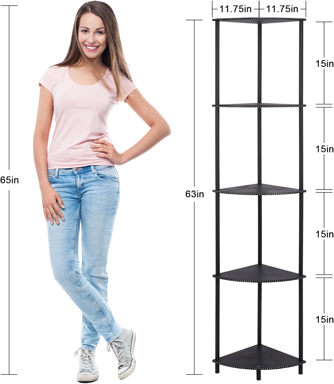 Defined Deco 63 Inch Corner Shelf 5 Tier Industrial Bookshelf