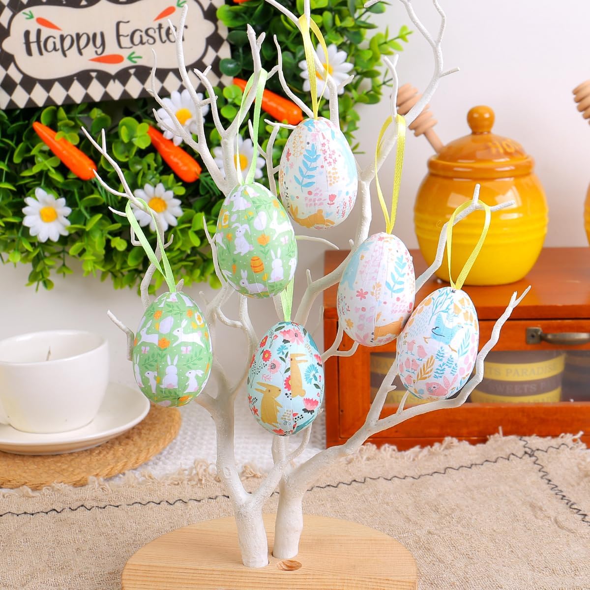24PCS Easter Egg Ornaments with Floral Pattern and Hanging Ribbons