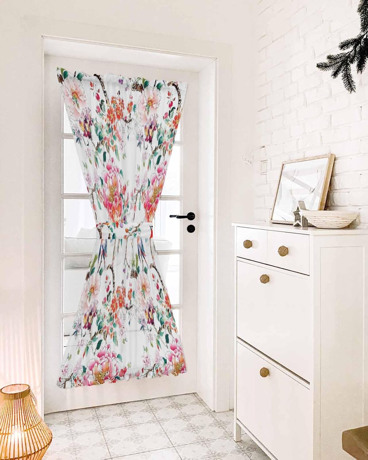 Pink Floral French Door Curtain with Tieback