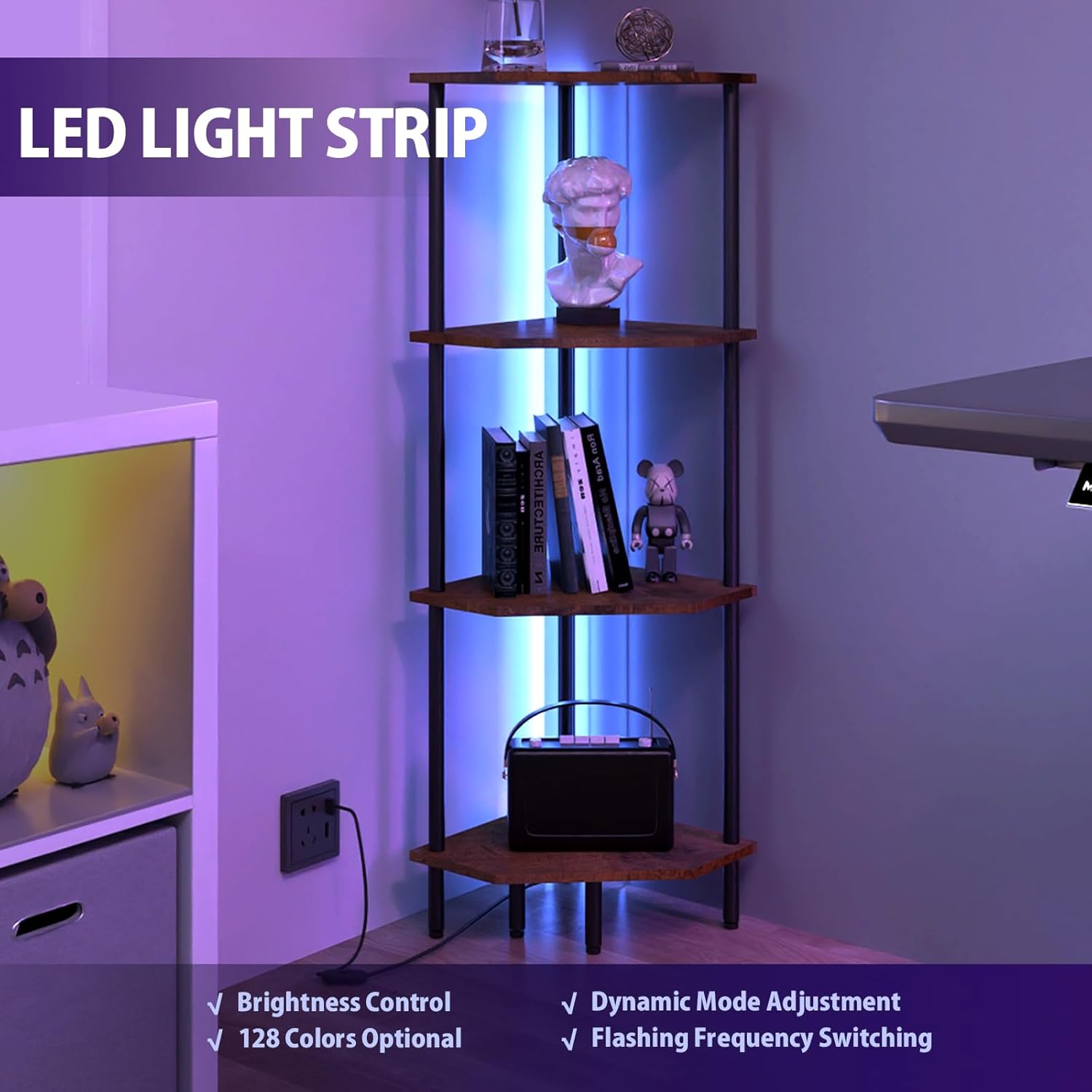 4 Tier Corner Shelf with LED Light and Storage