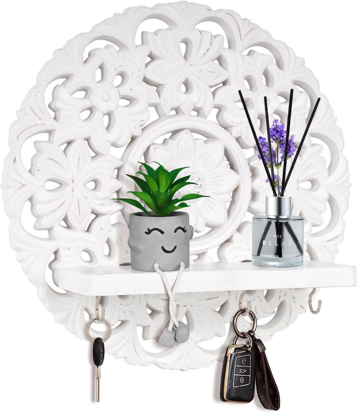 Multipurpose Floating Wall Shelf with Key Hooks
