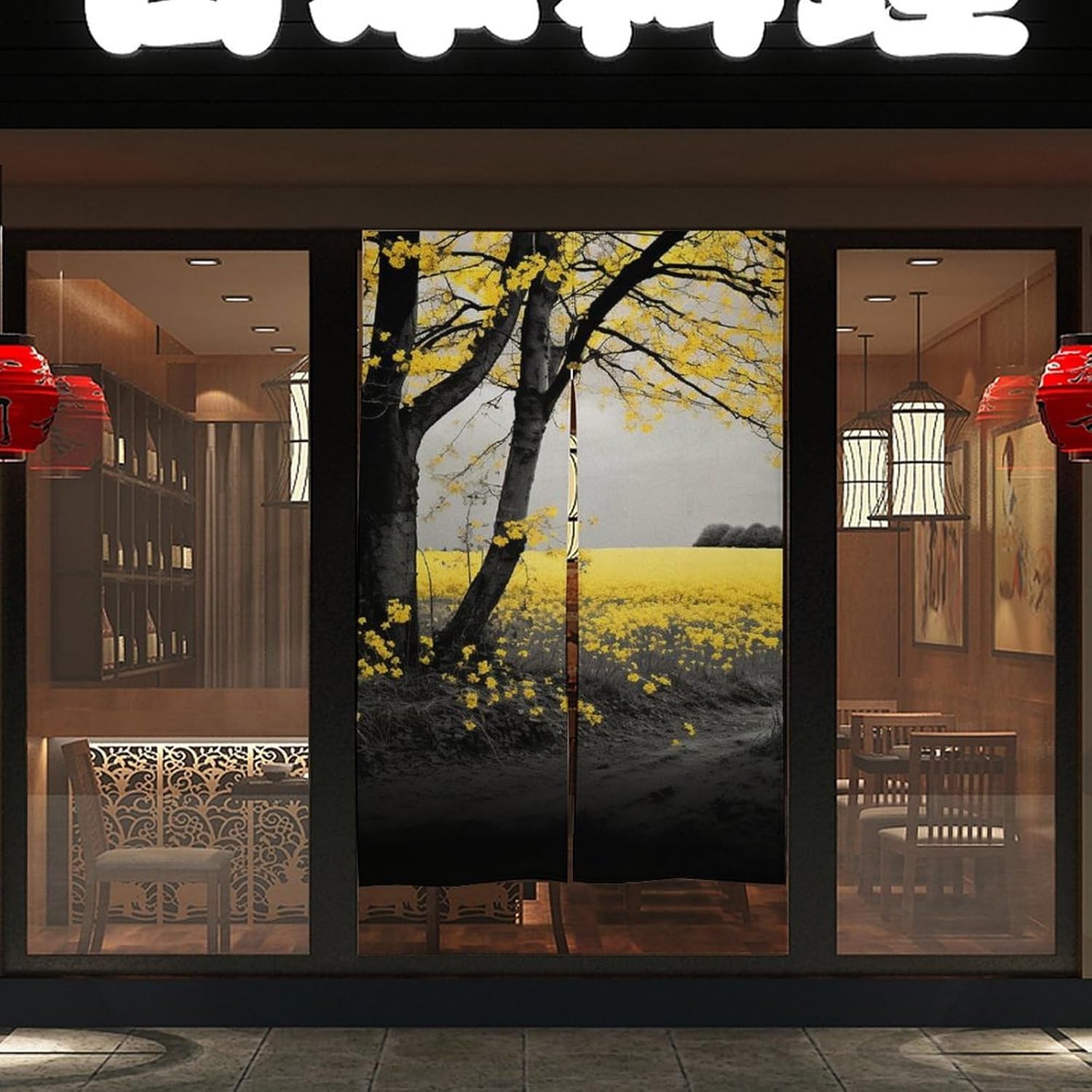 Japanese Noren Black Trees Yellow Flowers Door Curtain
