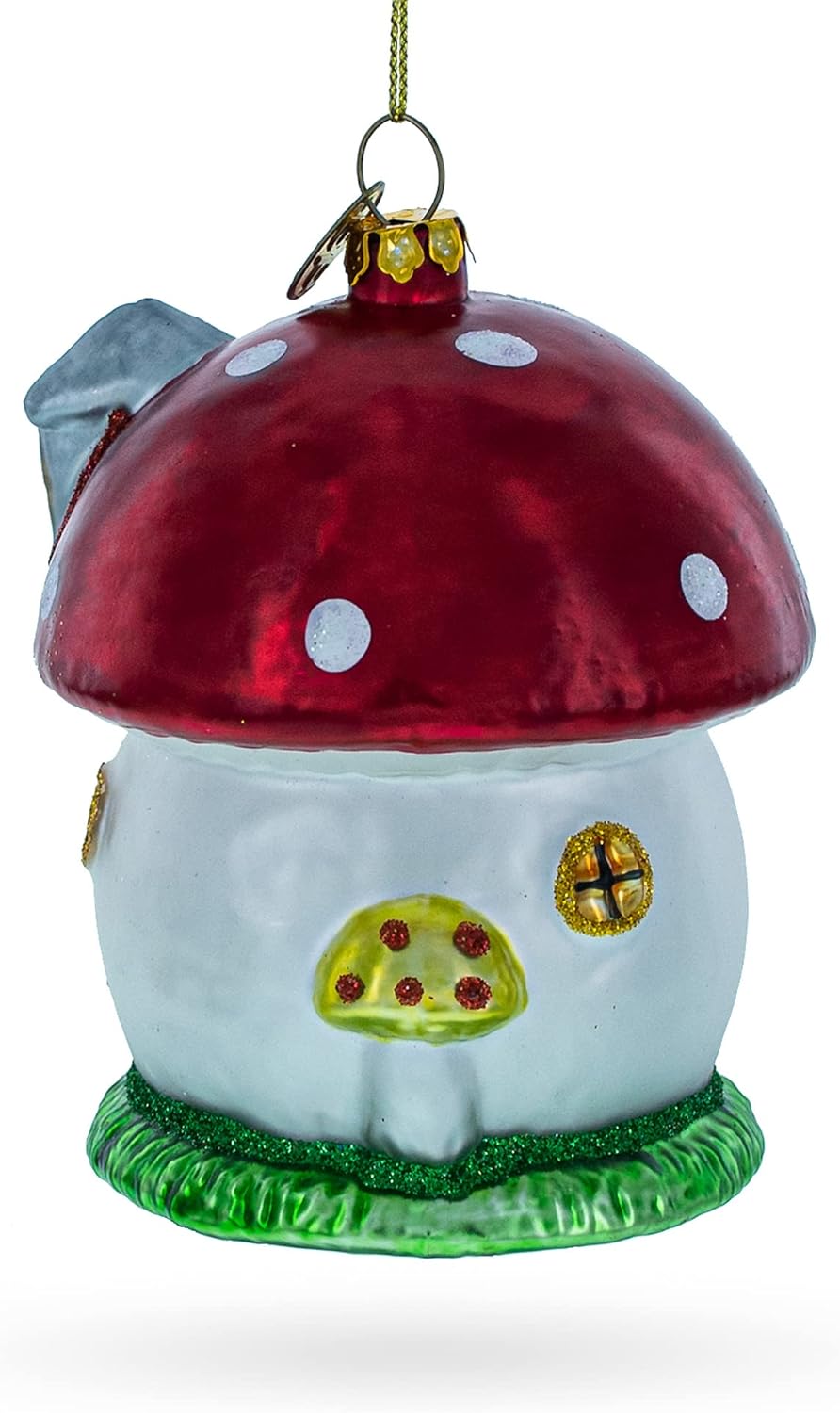 Whimsical Fairy Tale Mushroom House Glass Christmas Ornament 1