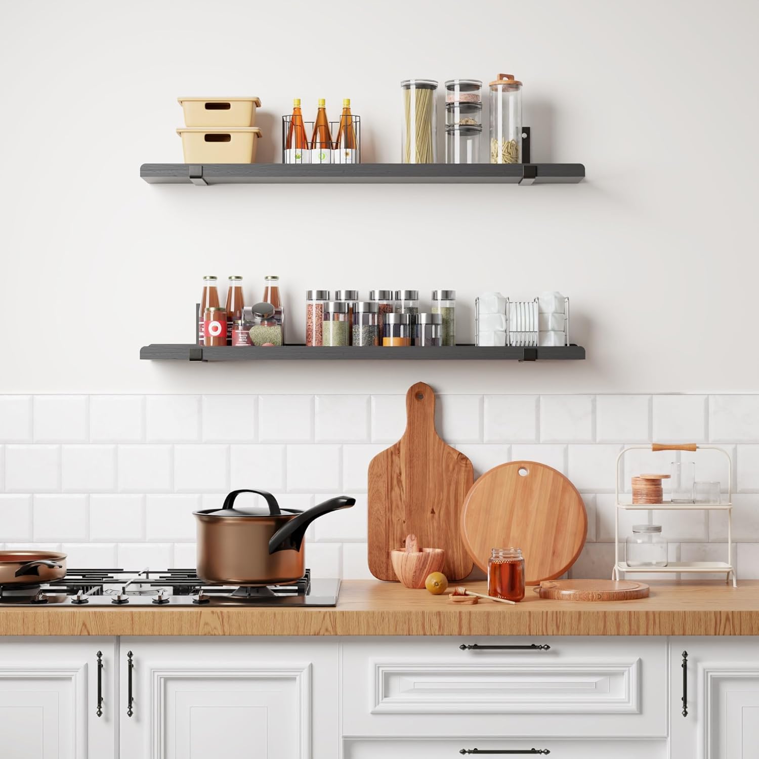 Ecowillon 40 Inch Black Floating Shelves with Lip Set of 2