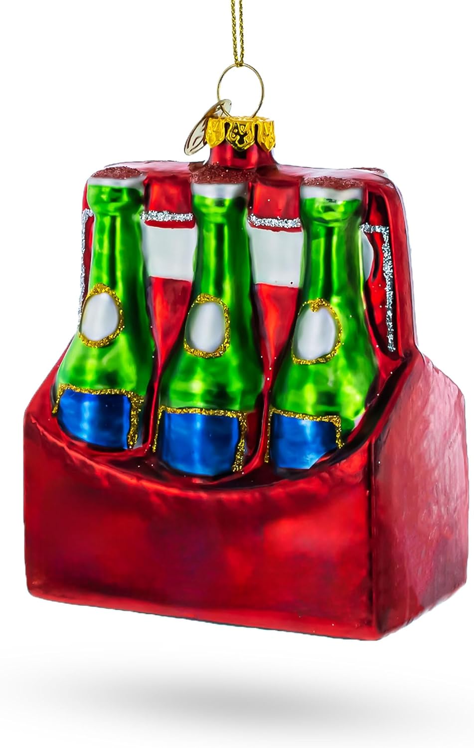 Festive Six-Bottle Beer Pack Blown Glass Christmas Ornament 1
