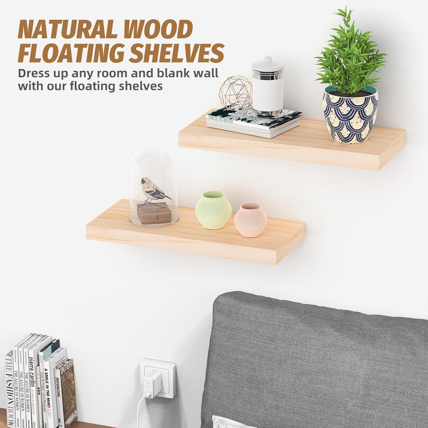 MIAGLACE Floating Shelves Set of 2 Natural Pine Wood