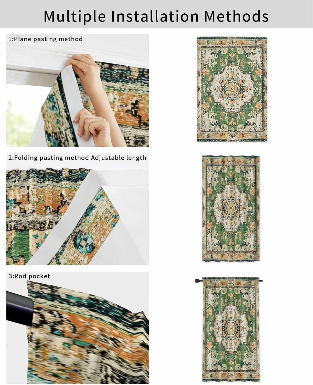 Green Boho Self Adhesive Blackout Curtains 47x63 Inches