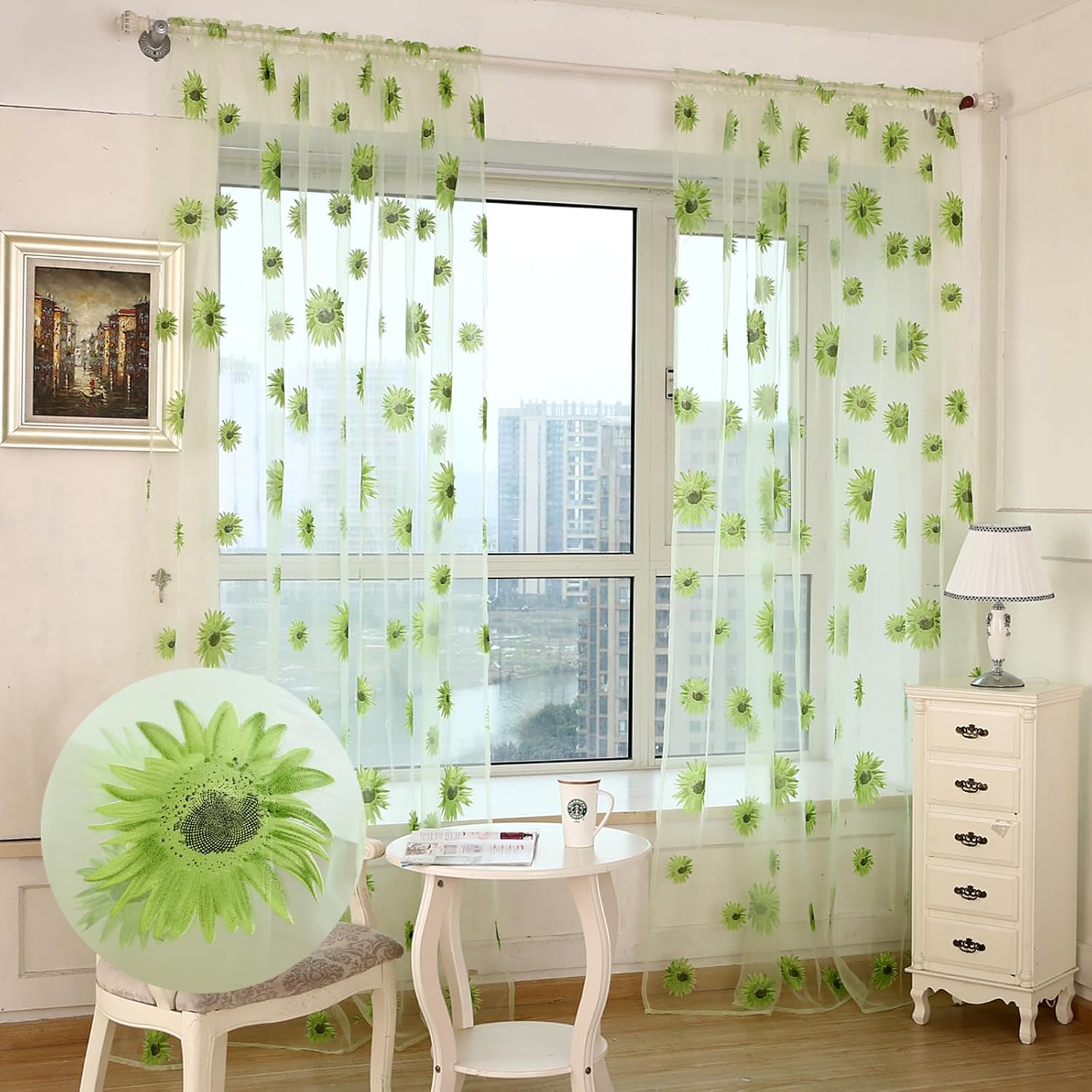 Ufurty Sunflower Floral Sheer Curtain Panels 2PCS