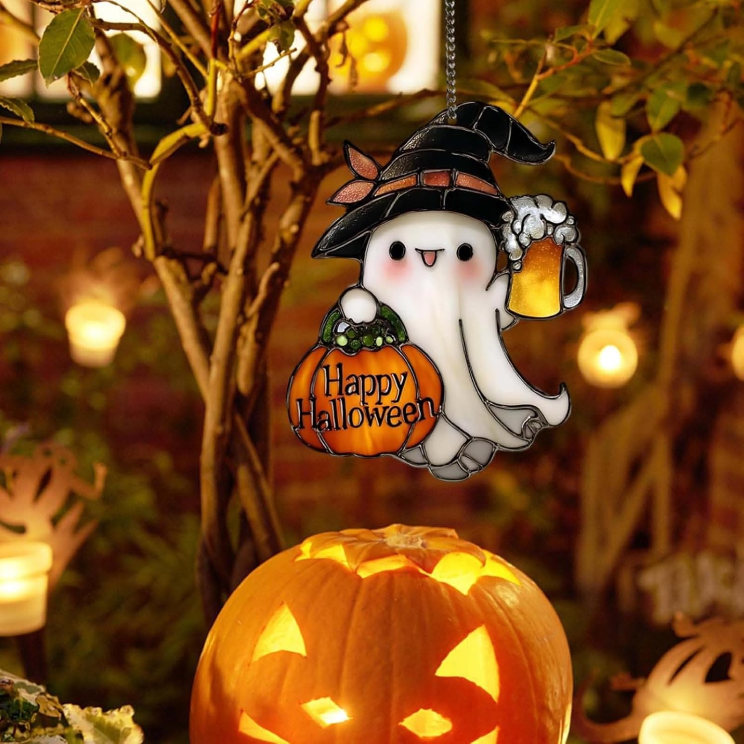 4PCS Halloween Ghost Hanging Ornament with Pumpkin and Beer Cup