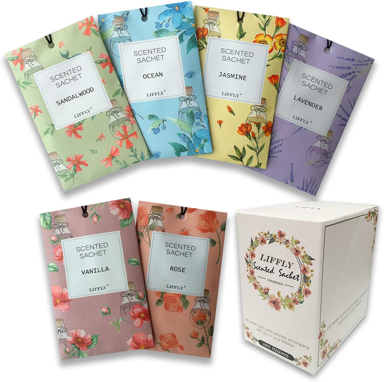 LIFFLY 14 Pack Scented Sachets Lavender Rose Jasmine Ocean Vanilla Sandalwood Gift Box