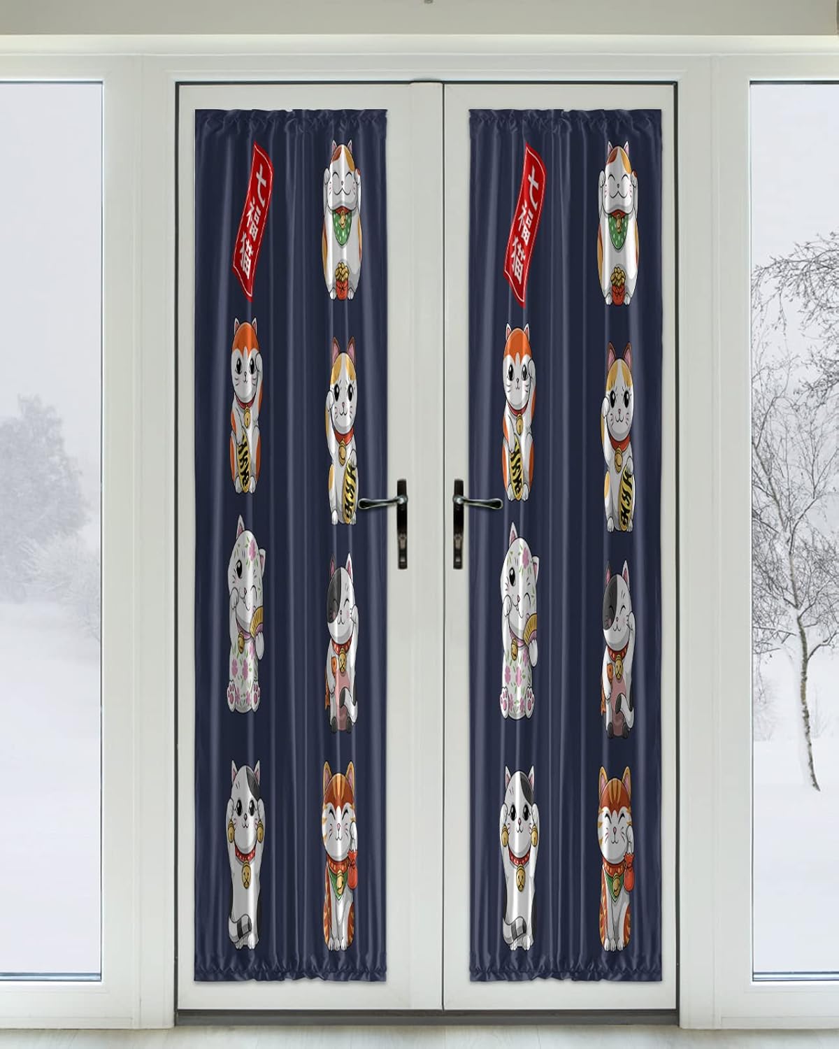 Japanese Noren Blackout Door Curtains with Lucky-Cats Blue 54x72