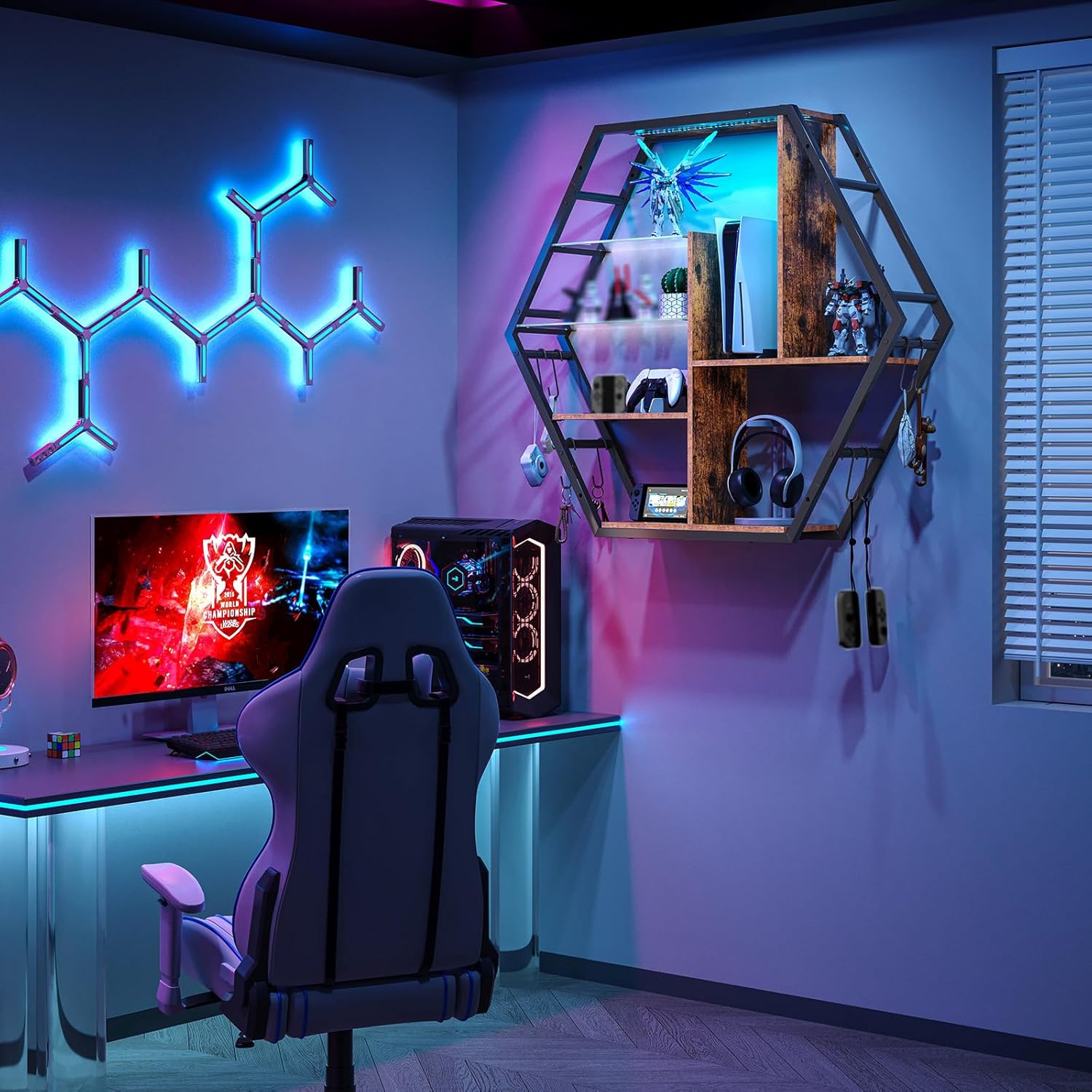 Gaming Shelf with RGB Lights and Hooks - Rustic Brown