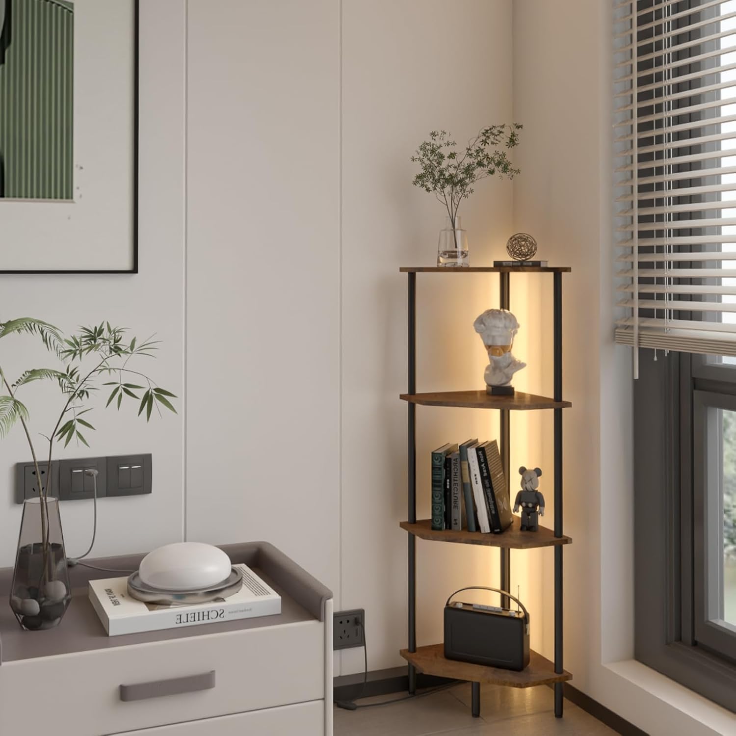 4 Tier Corner Shelf with LED Light and Storage