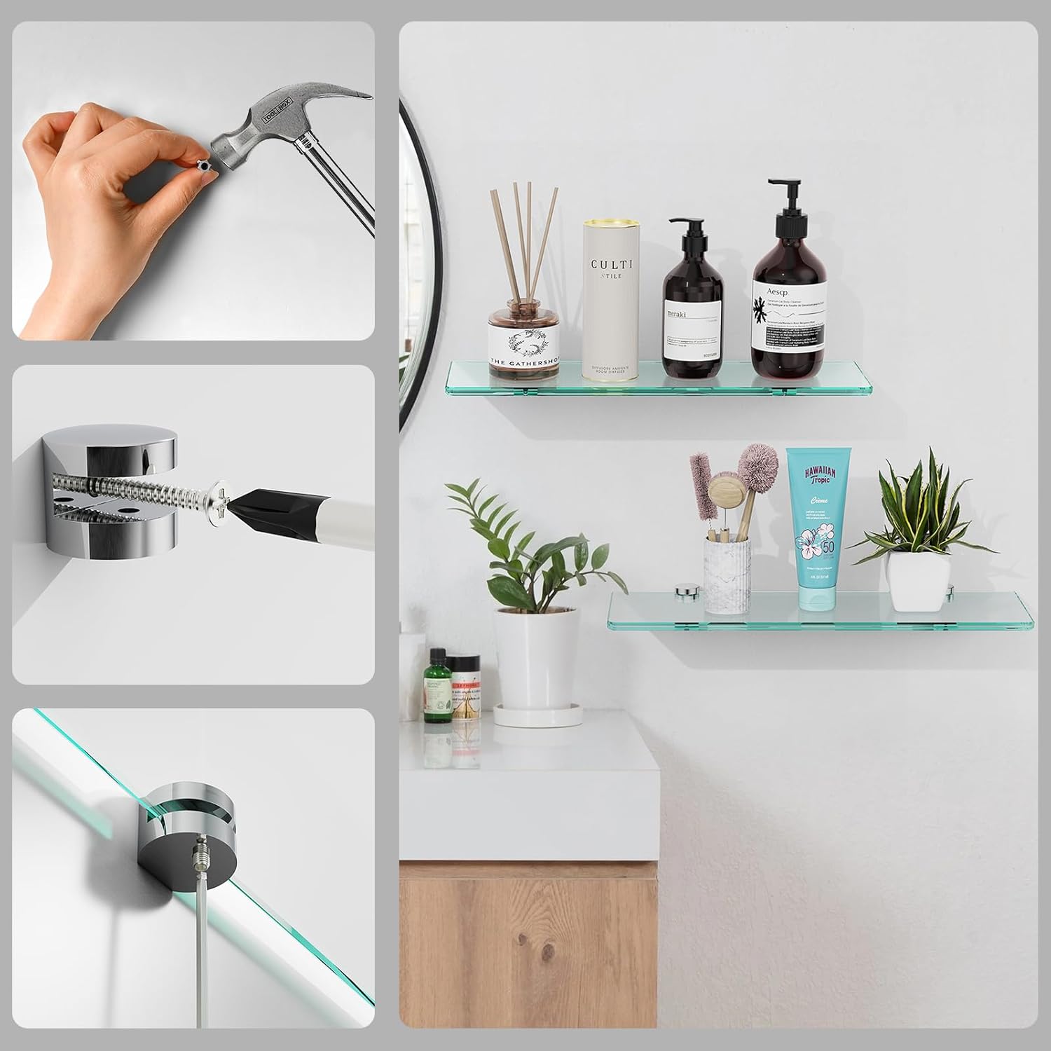 16 Inches Floating Glass Shelves 2 Pack Modern Wall Mount