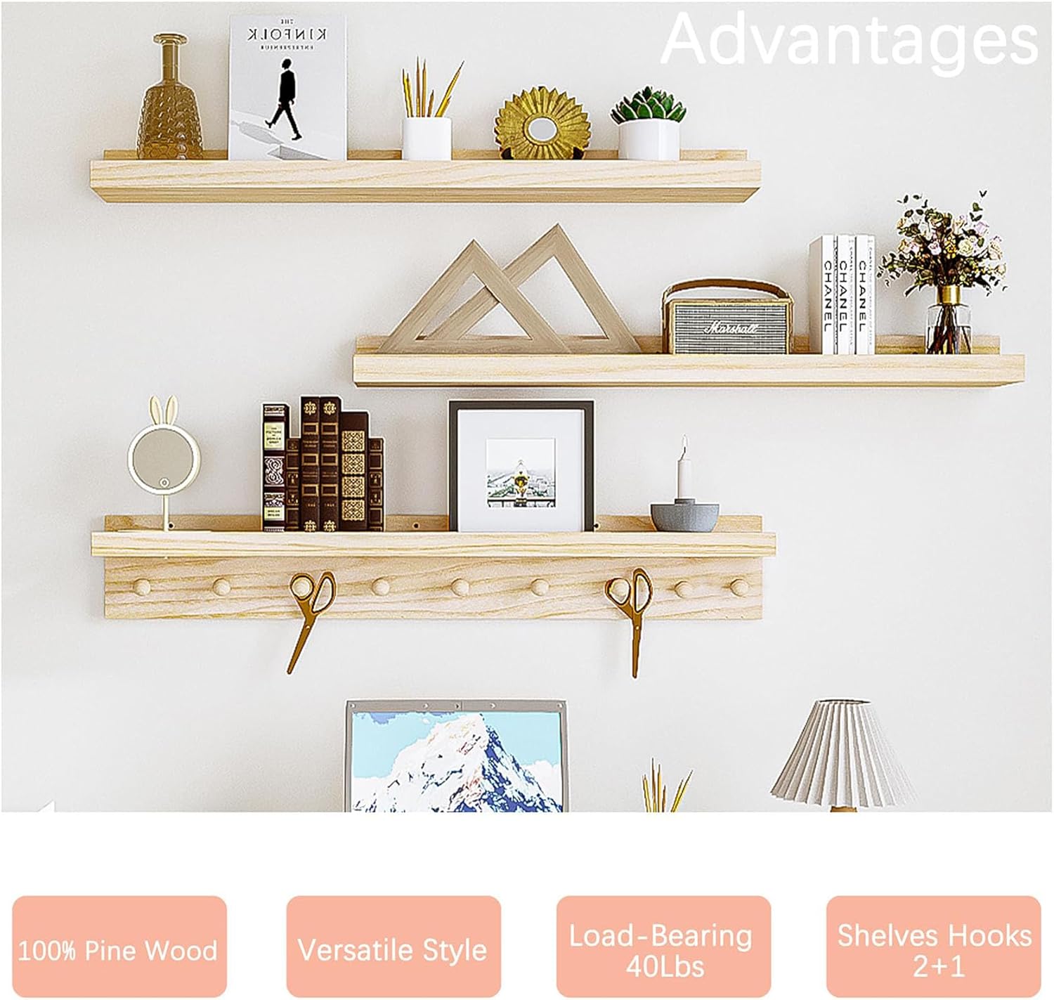 MBYD 36 Inch Floating Wood Shelf With Hooks
