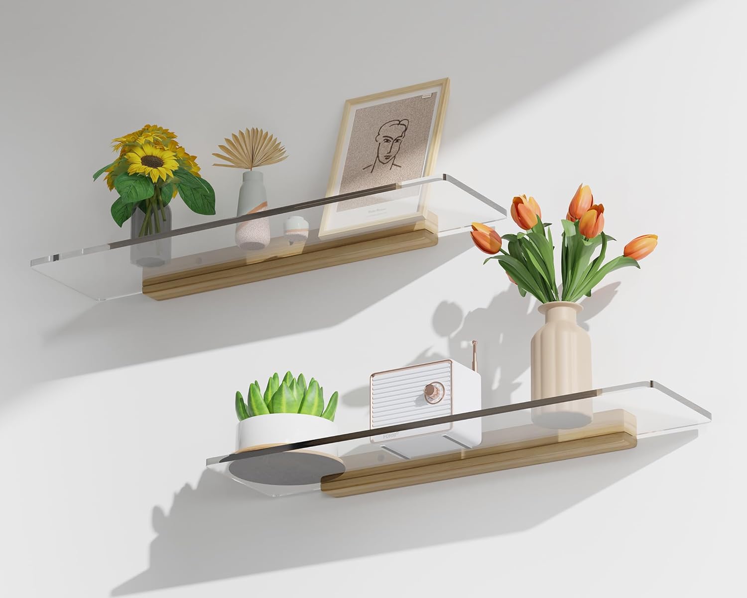 QsQueen Solid Wood Acrylic Floating Shelves for Home Decor