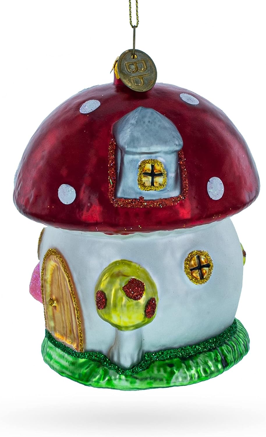 Whimsical Fairy Tale Mushroom House Glass Christmas Ornament 1