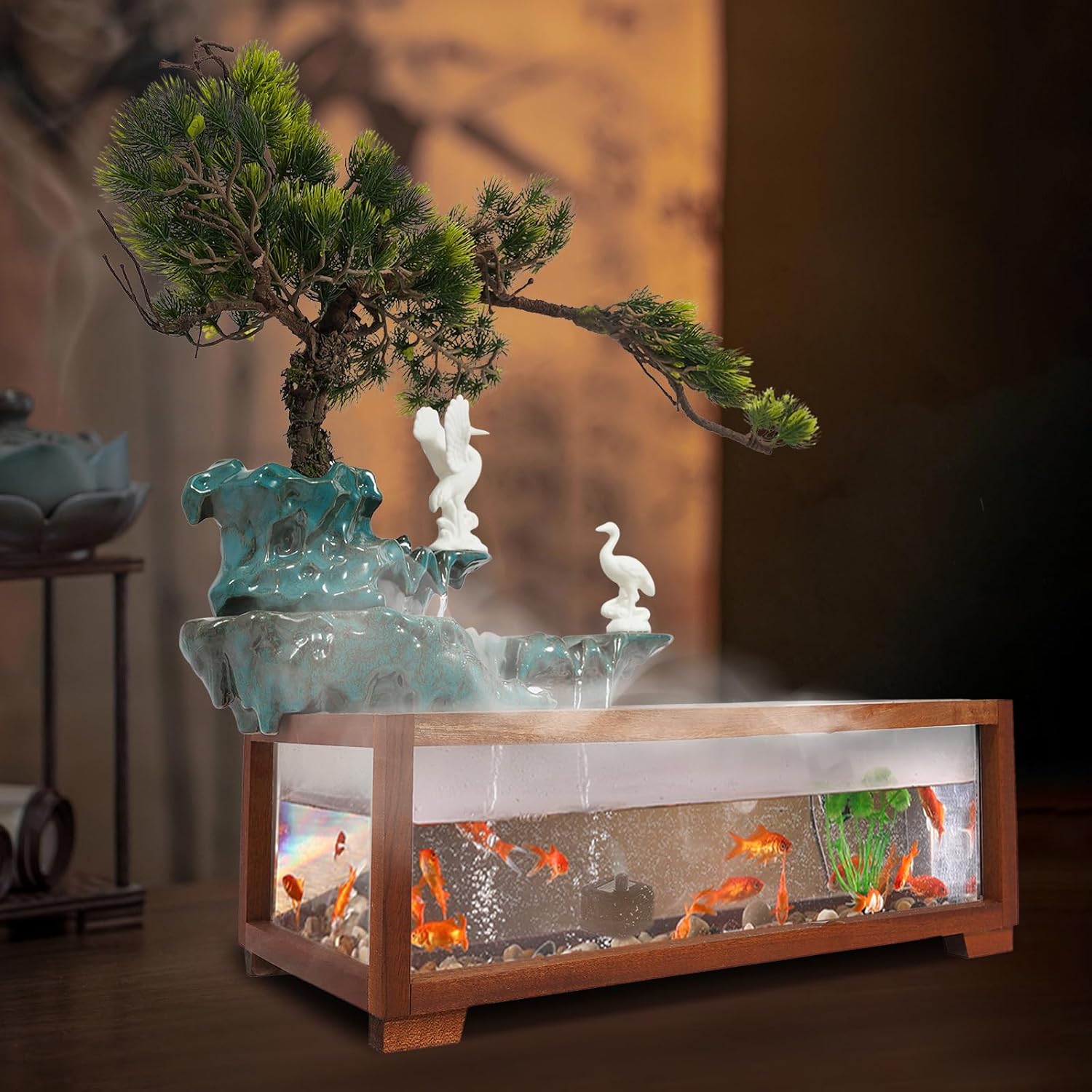 Antique Style Tabletop Water Fountain with Fish Tank and Crane Statues