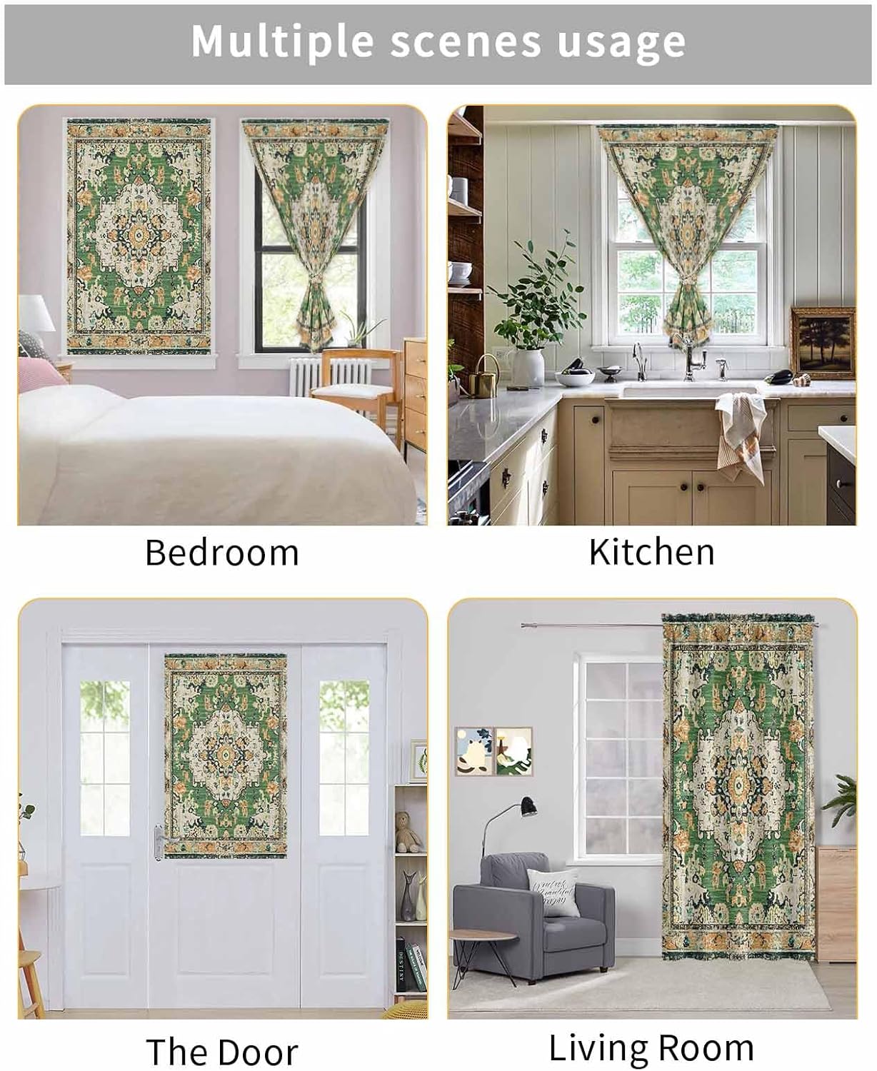 Green Boho Self Adhesive Blackout Curtains 47x63 Inches