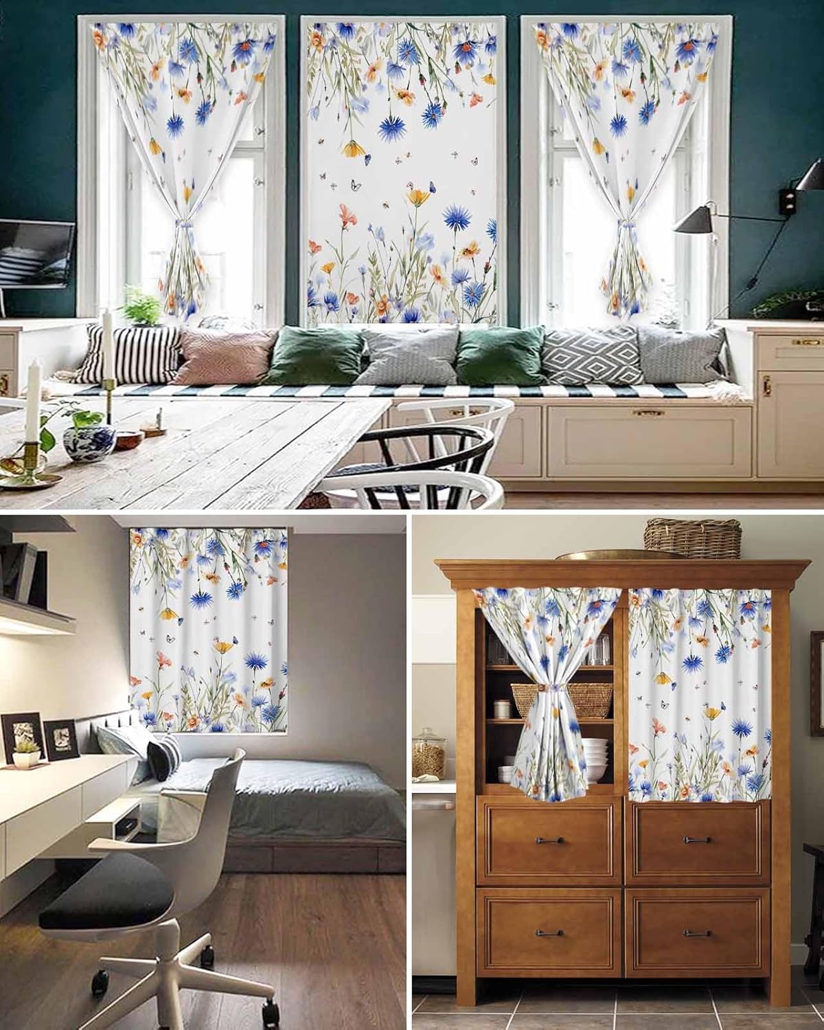 Spring Floral Self Adhesive Portable Curtains for Windows