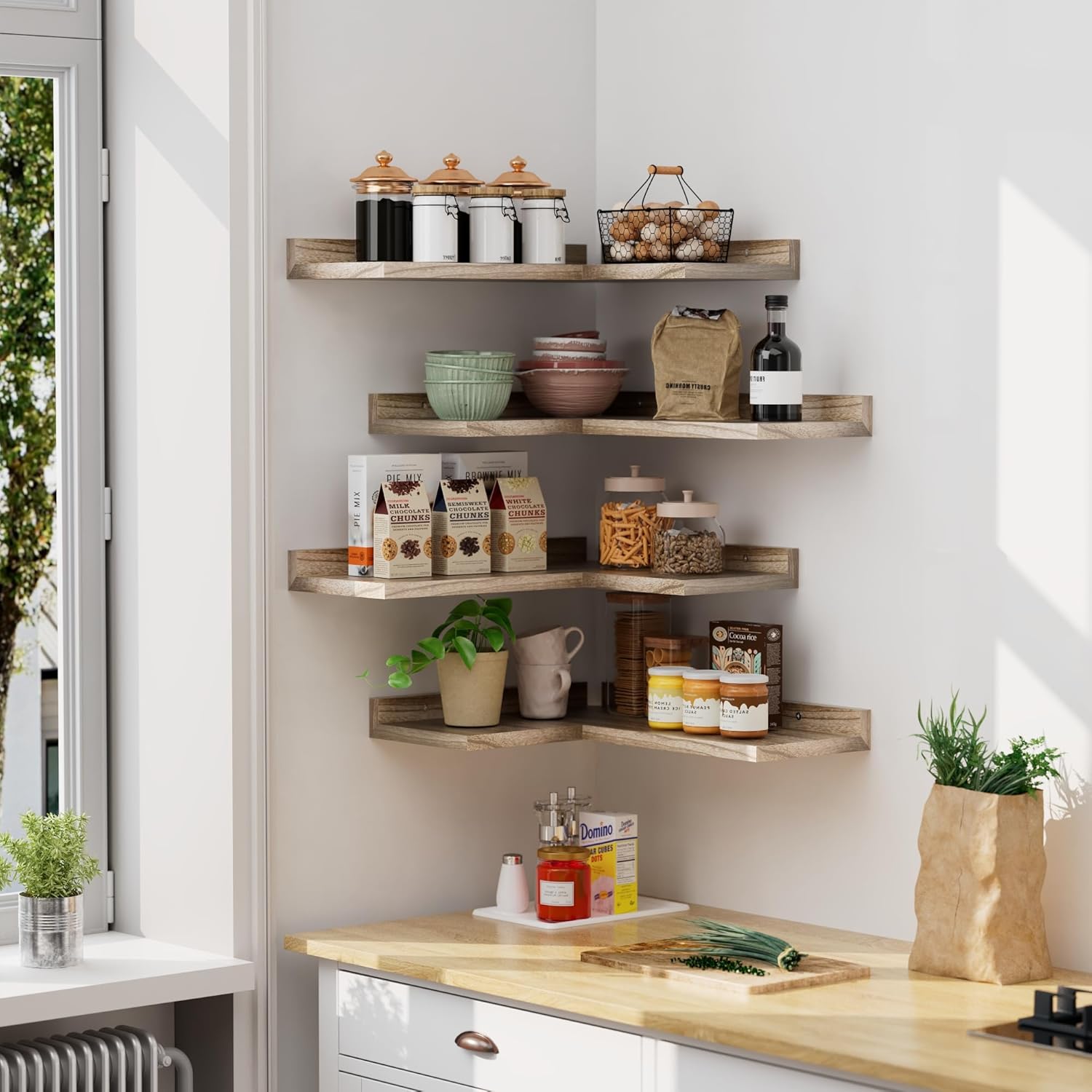 4 Tier Corner Shelf Natural Wood Floating Shelves