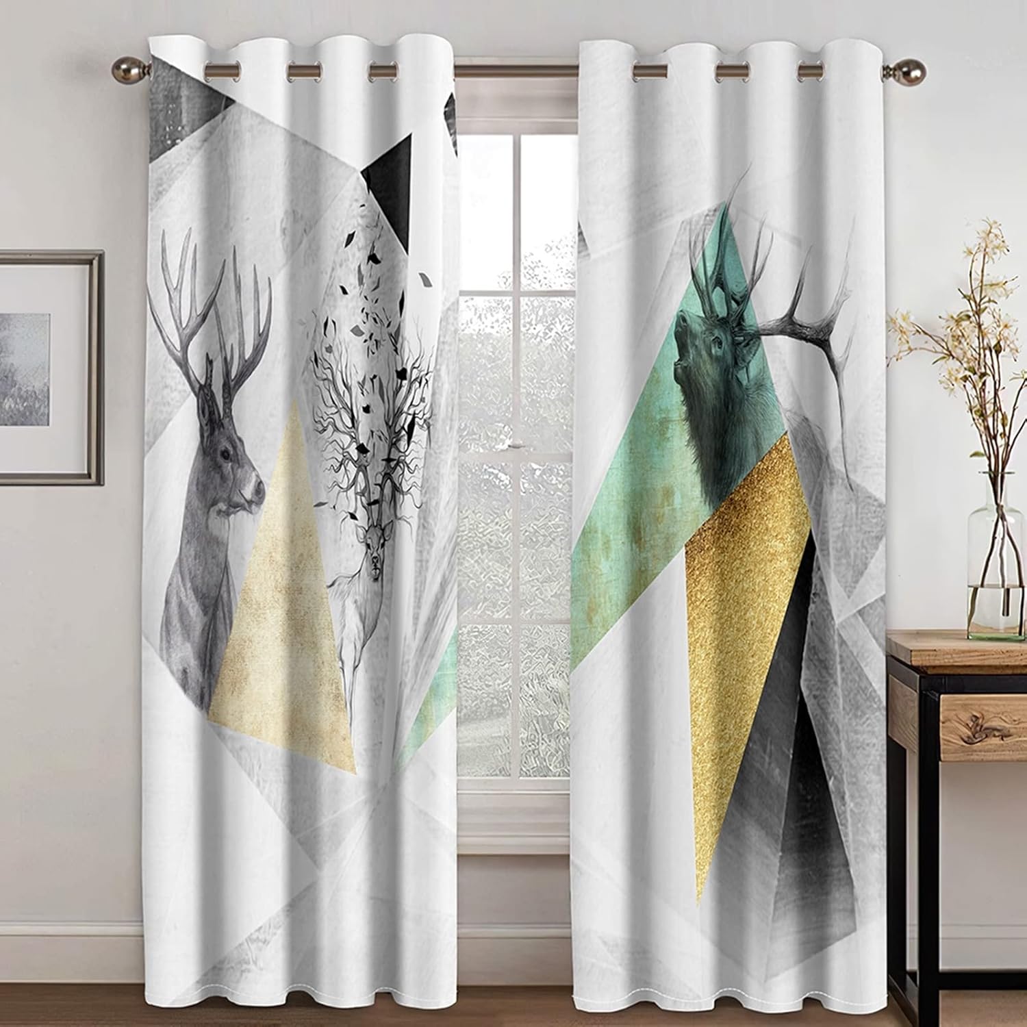 White Long Curtains with Deer Geometry Design 104 x 63