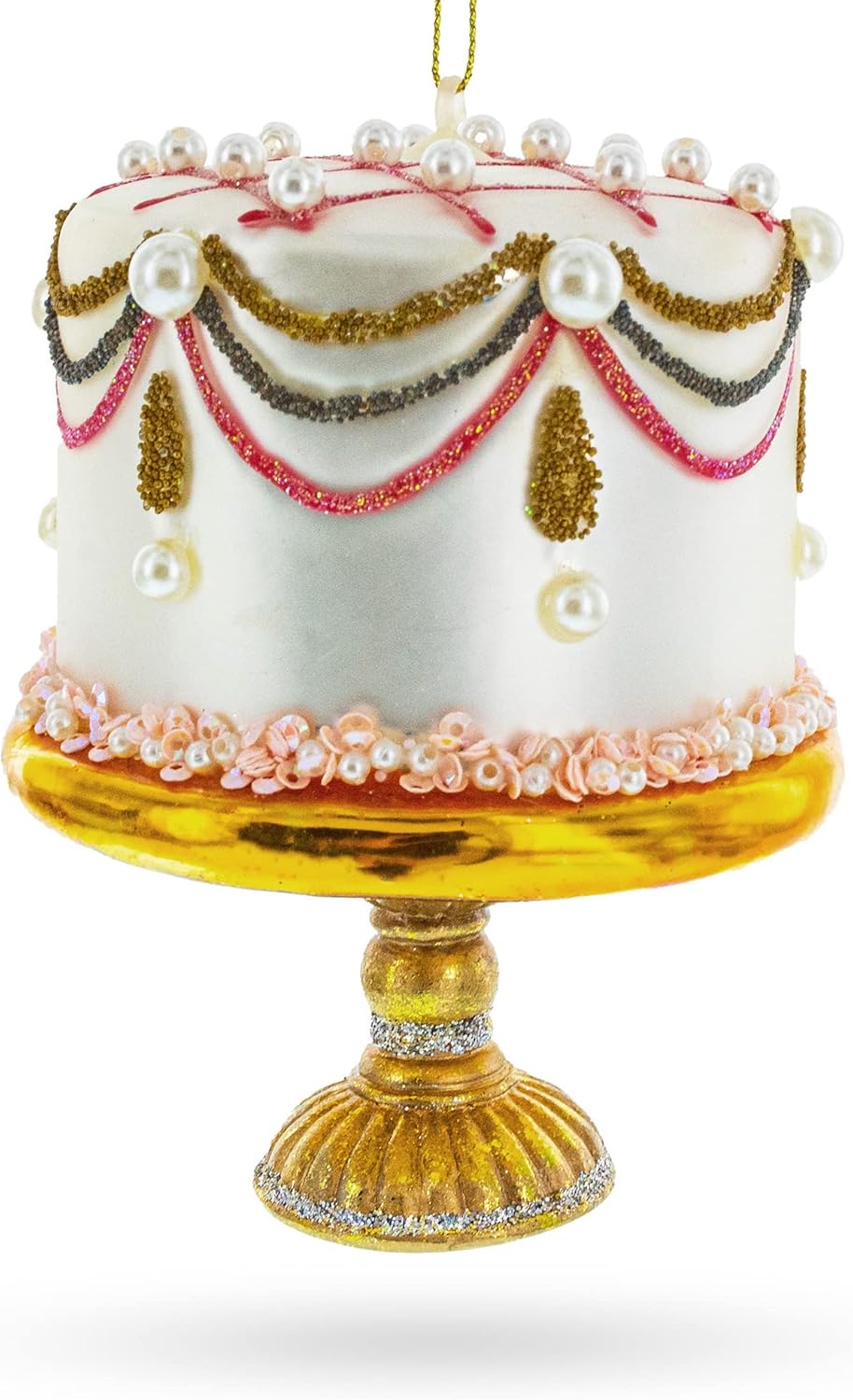 Pearl Adorned Celebration Cake Glass Christmas Ornament