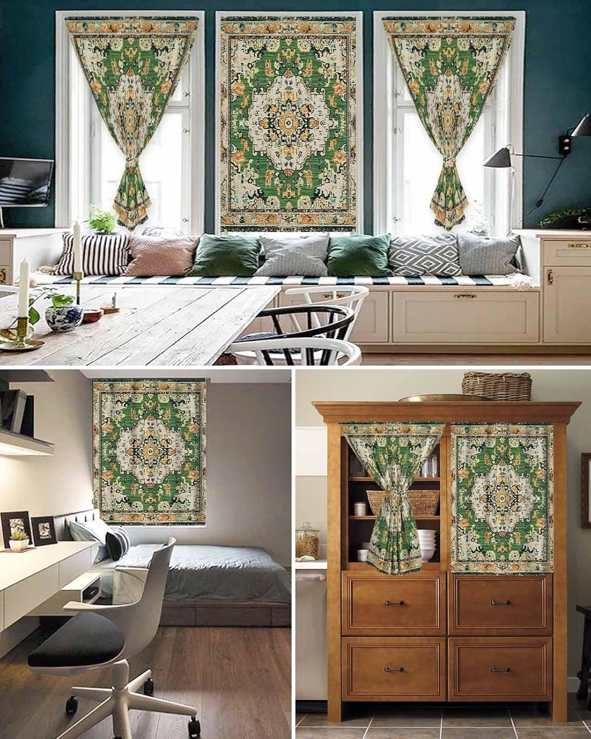 Green Boho Self Adhesive Blackout Curtains 47x63 Inches