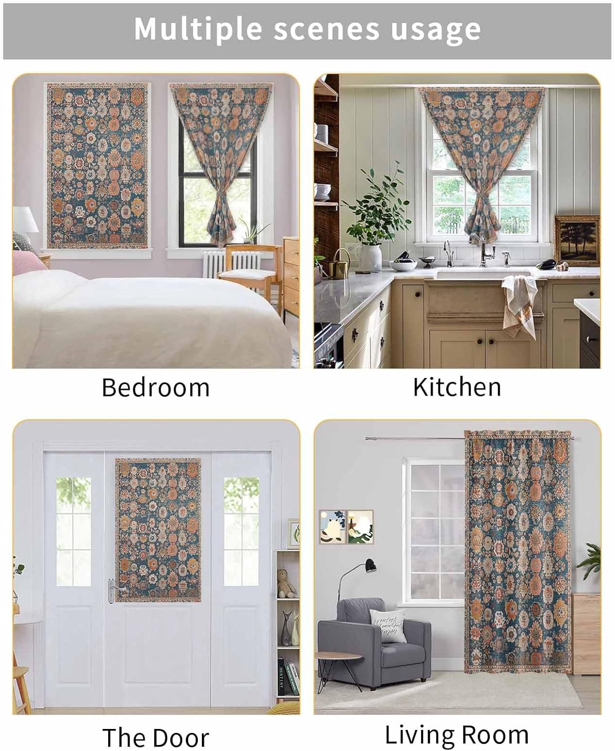 Blue Flower Print Self Adhesive Blackout Curtains for Windows