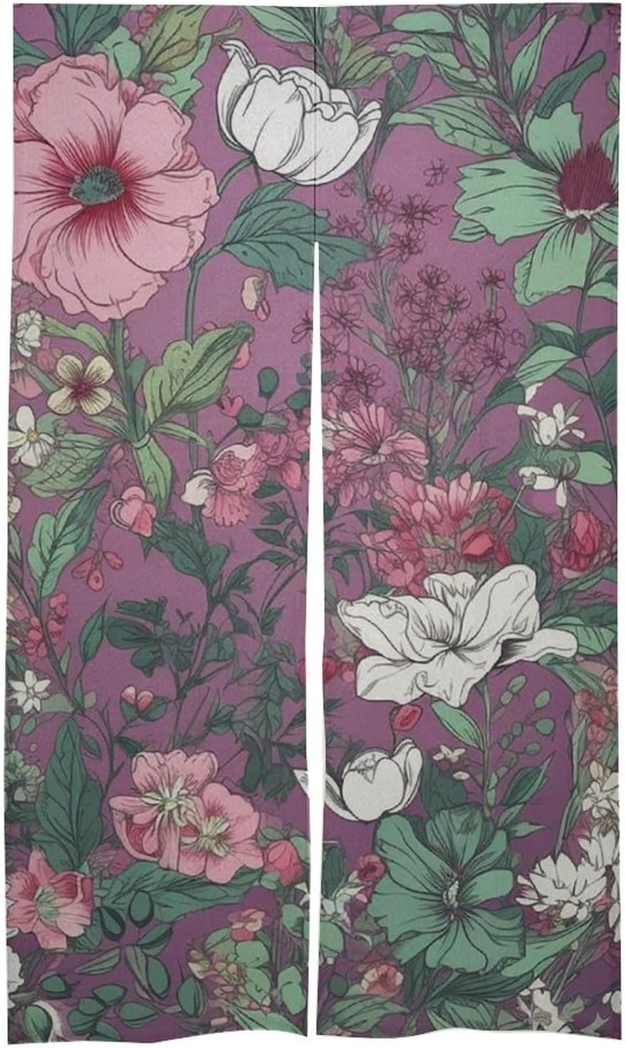 Japanese Noren Door Curtain with Green Flowers Design