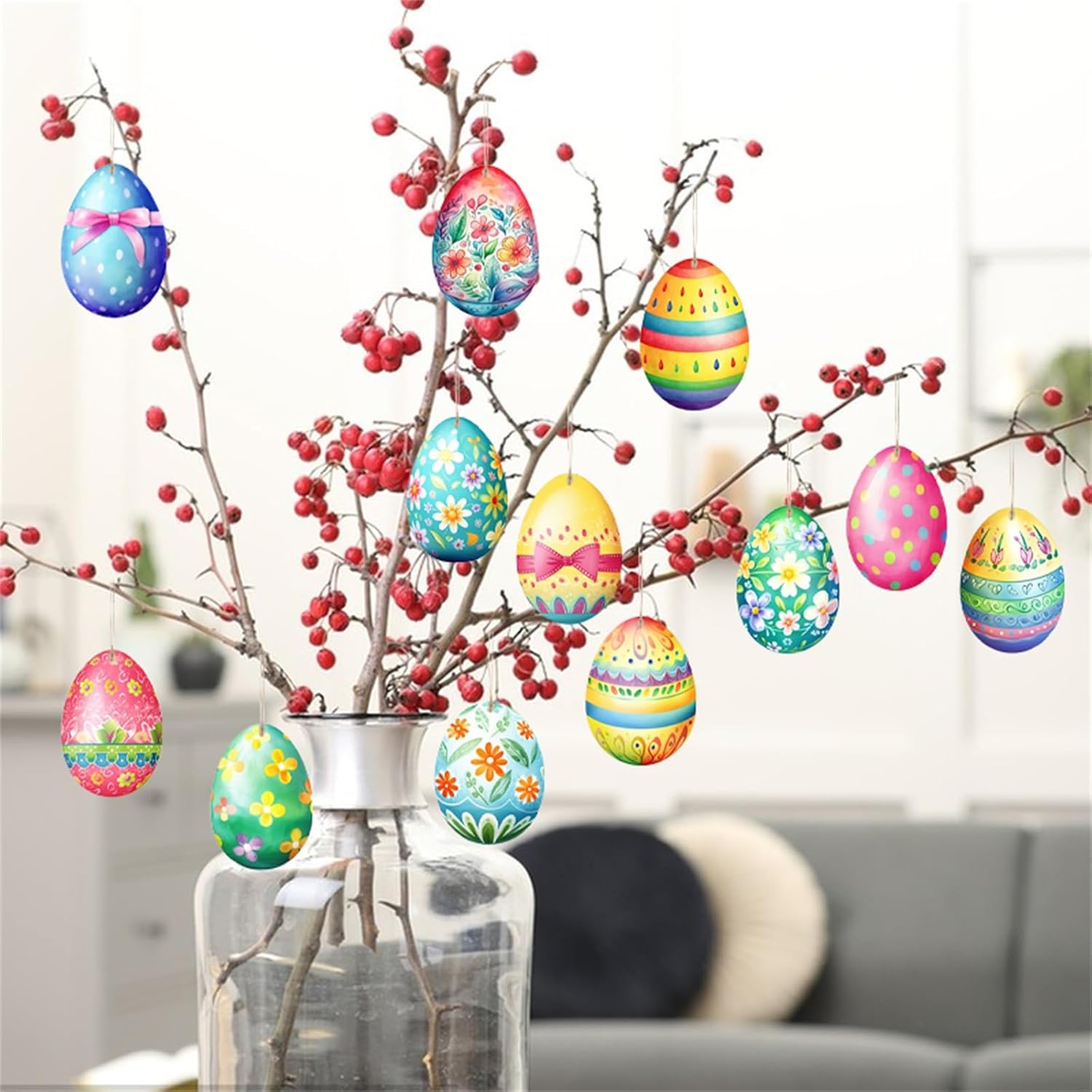 Wooden Easter Egg Hanging Decorations 12Pcs Set