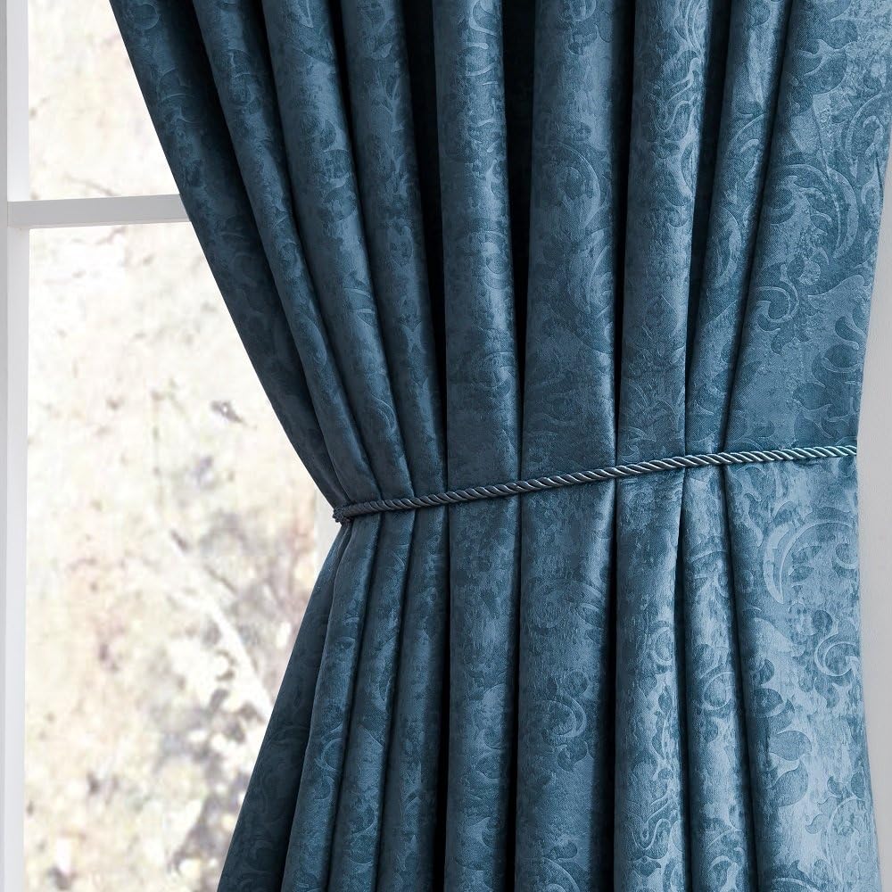 Blue Teal Embossed Wall to Wall Room Divider Curtains with Tie-Backs