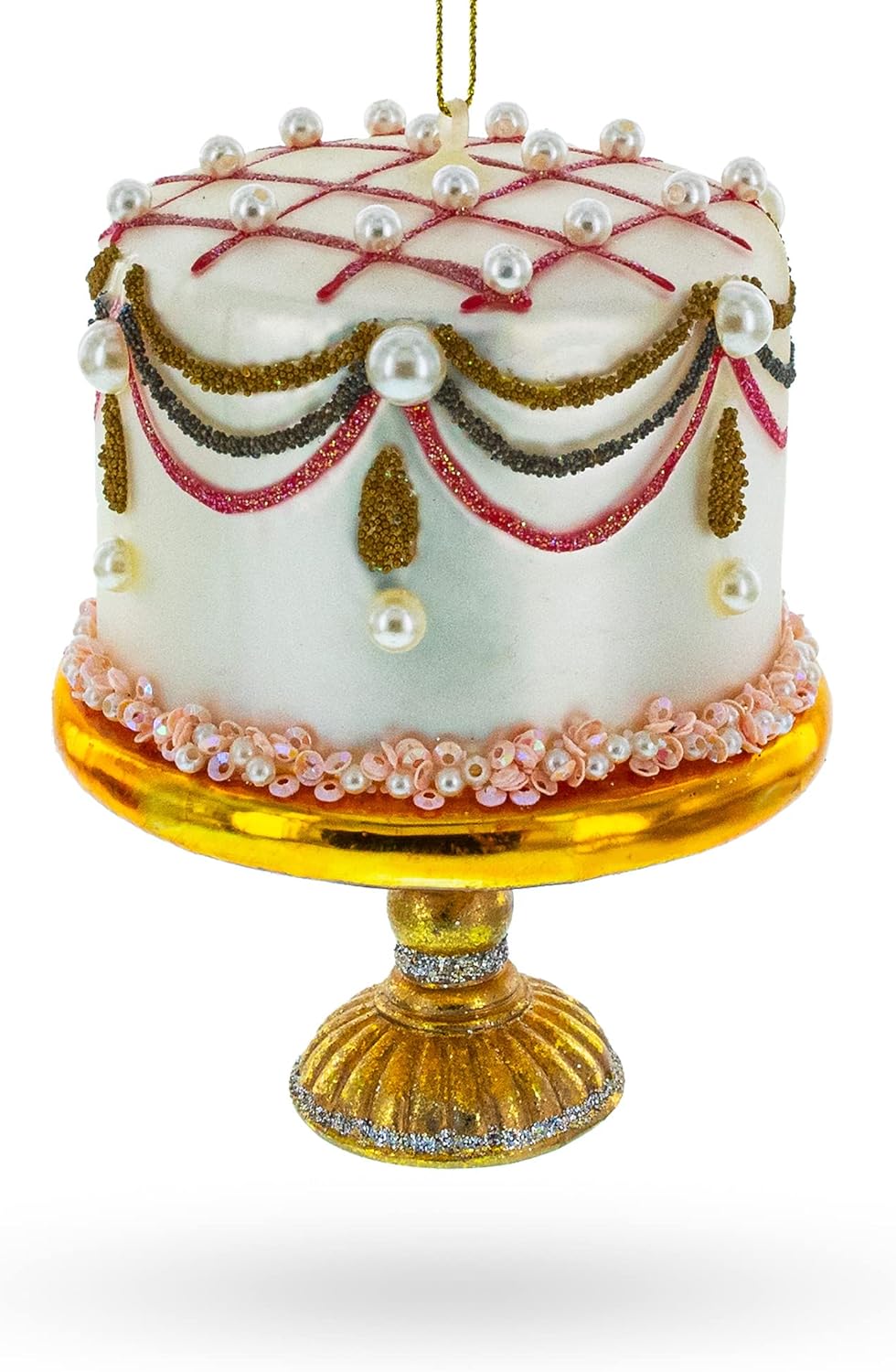 Pearl Adorned Celebration Cake Glass Christmas Ornament