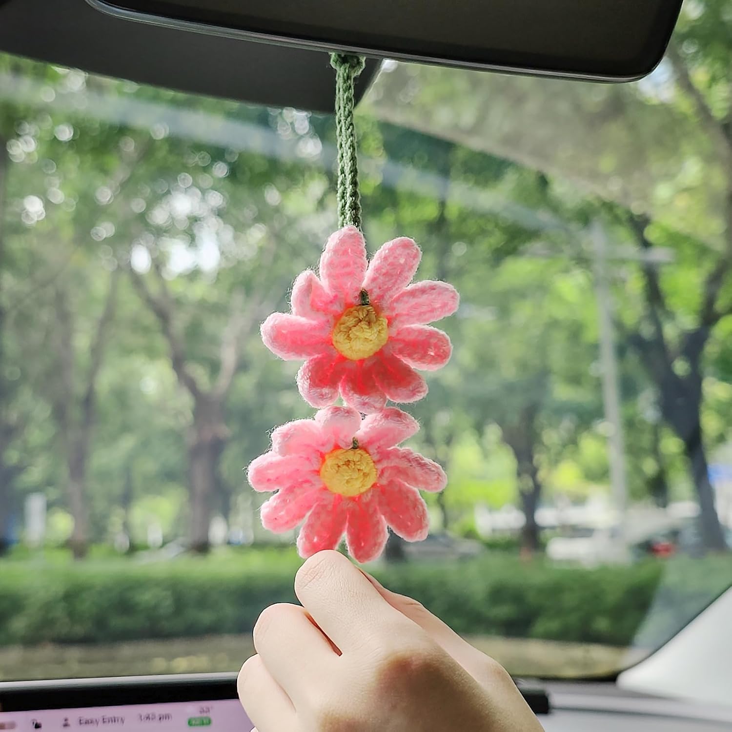 Cute Crochet Double Daisy Rear View Mirror Accessory