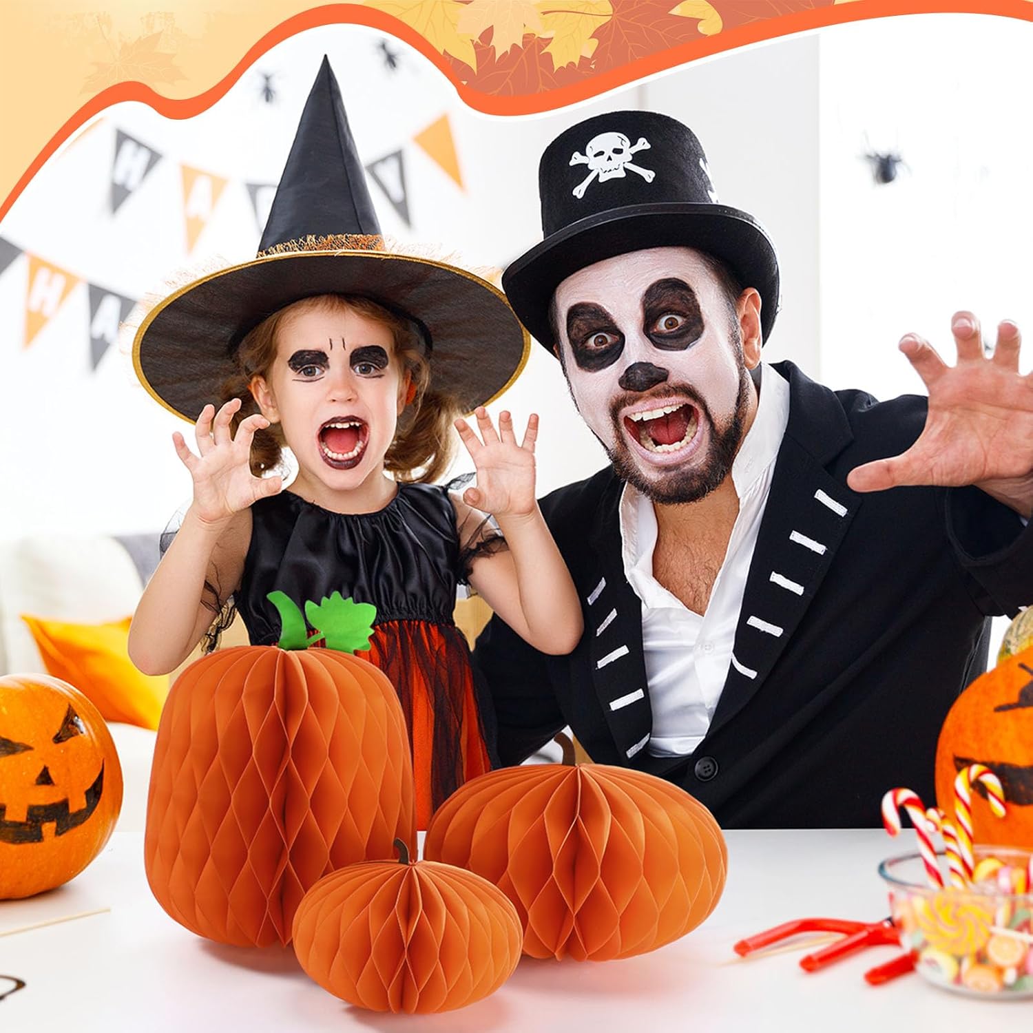 3 Halloween Pumpkin Honeycomb Centerpieces 3D Decorations