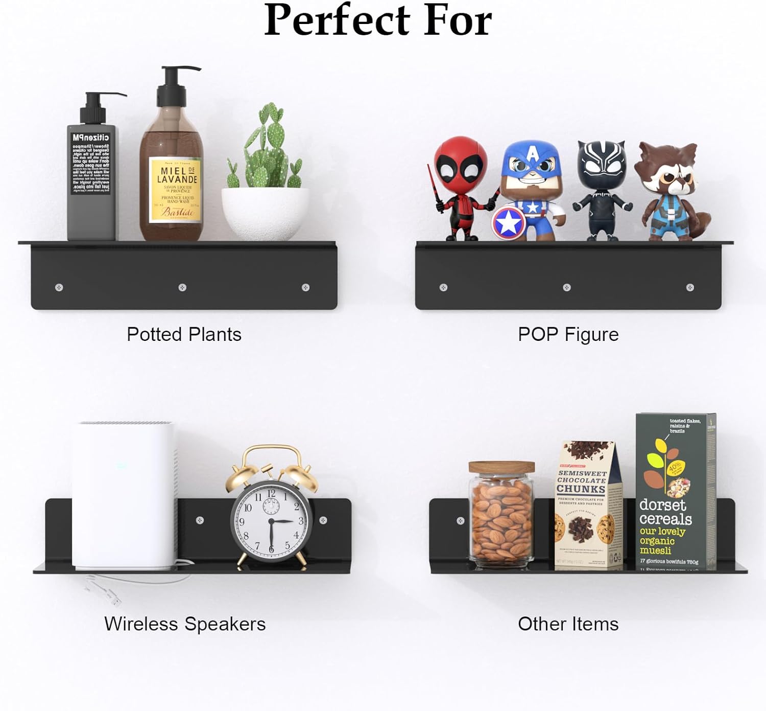 12 Inch Black Acrylic Floating Shelves 4 Pack