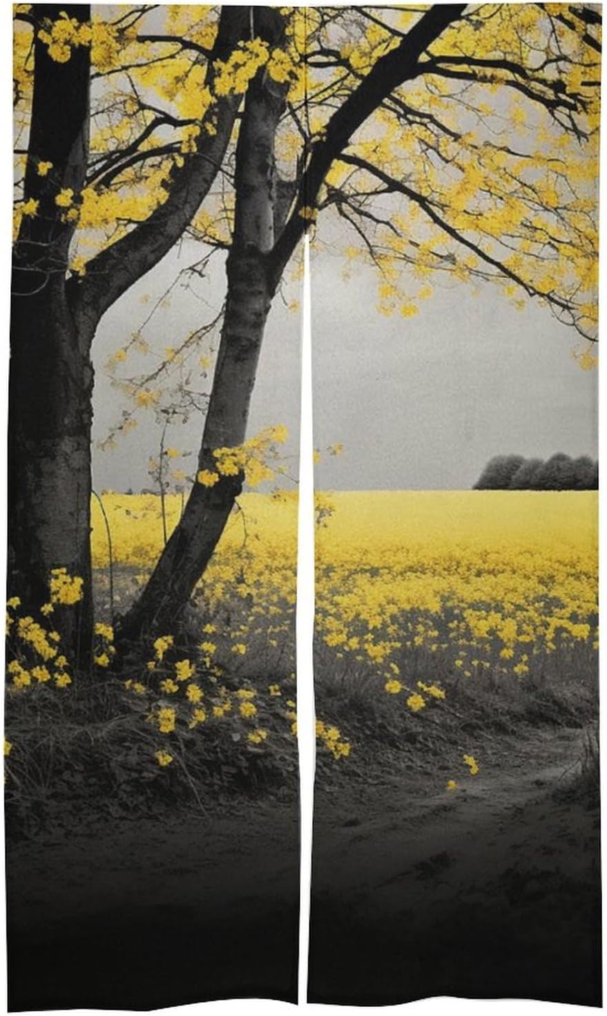 Japanese Noren Black Trees Yellow Flowers Door Curtain