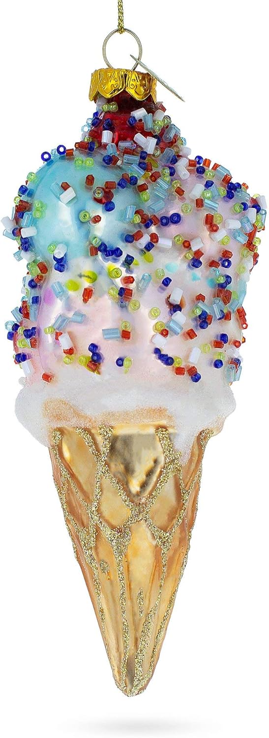 Sprinkled Ice Cream Cone Christmas Glass Ornament